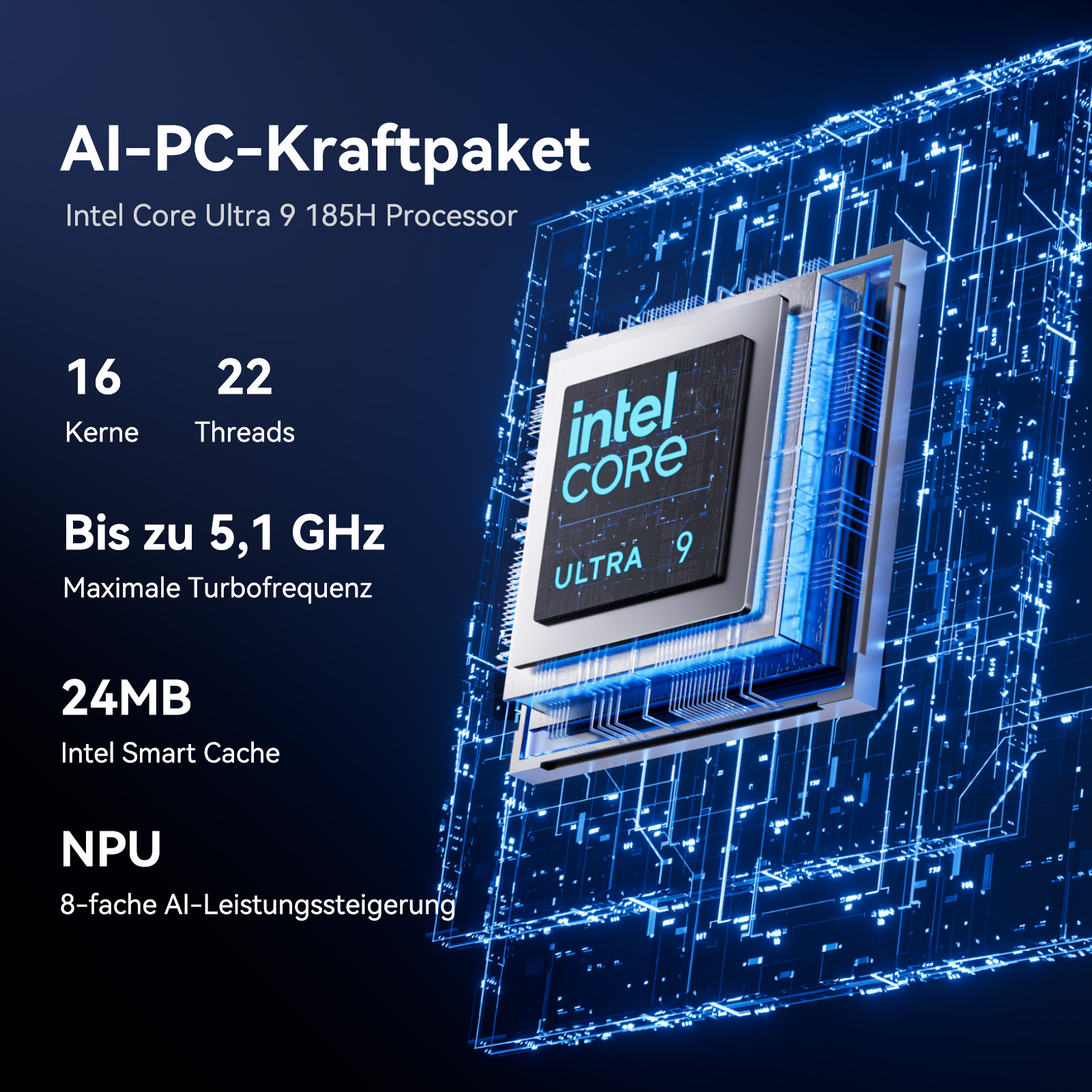 Das Bild zeigt einen Intel Core Ultra 9 Prozessor mit technischen Daten. Blaue digitale Linien im Hintergrund.
