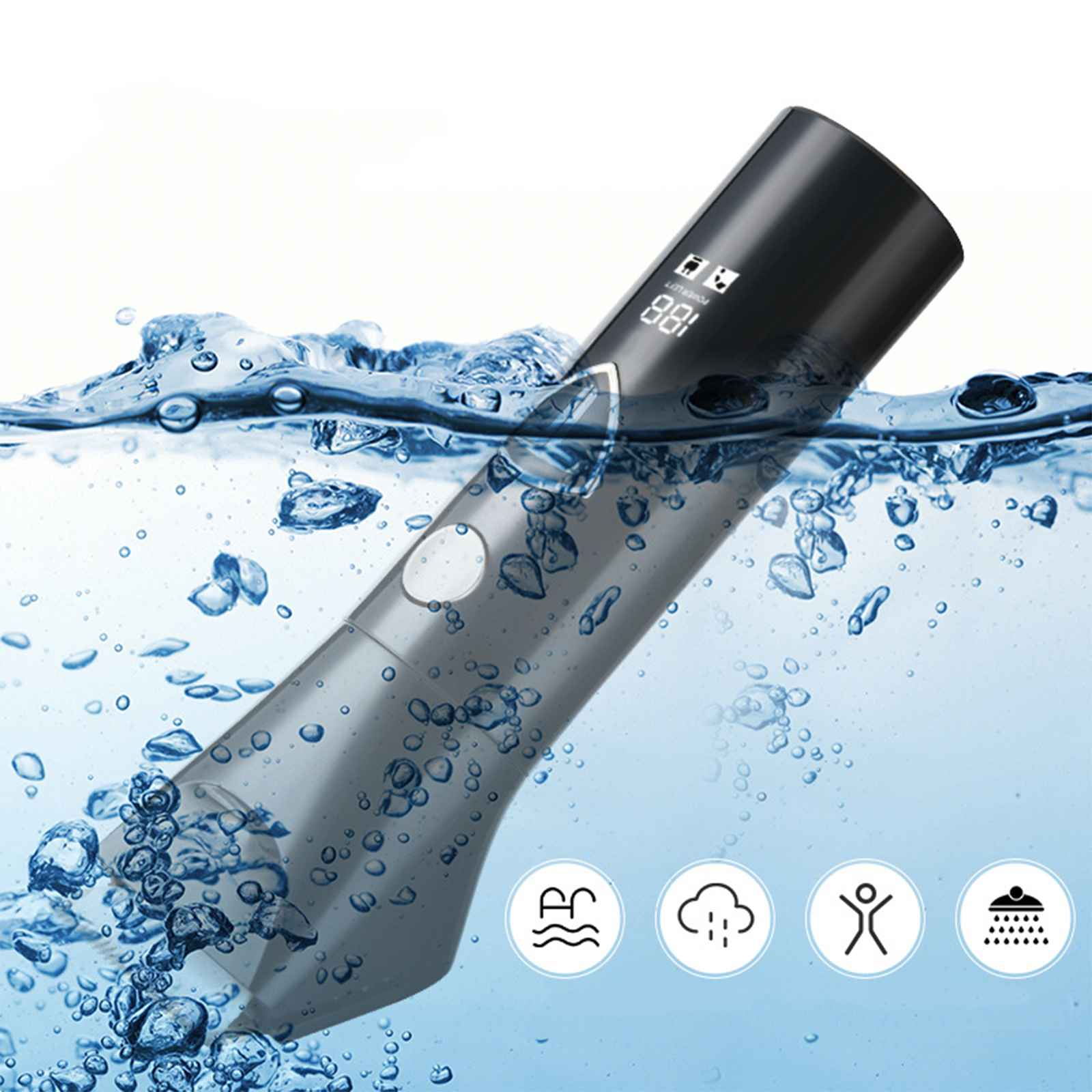 Ein schwarzes und graues Gerät in Wasser getaucht. Es hat eine digitale Anzeige. Blasen umgeben das Gerät. Symbole sind unten.