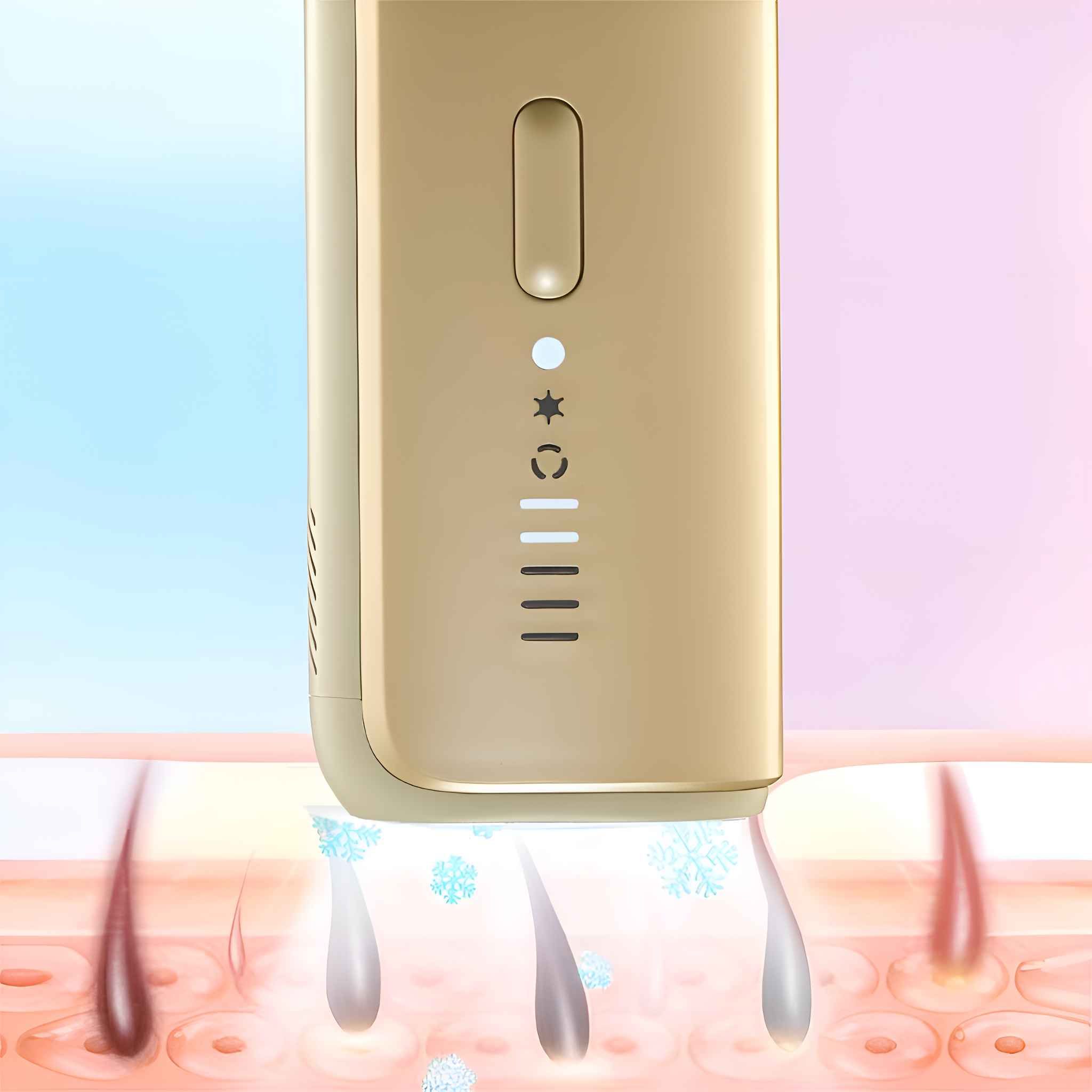 Ein goldfarbenes Gerät wird über der Haut mit Haarfollikeln gehalten. Kalte Luft wird freigesetzt. Der Hintergrund ist rosa und blau.