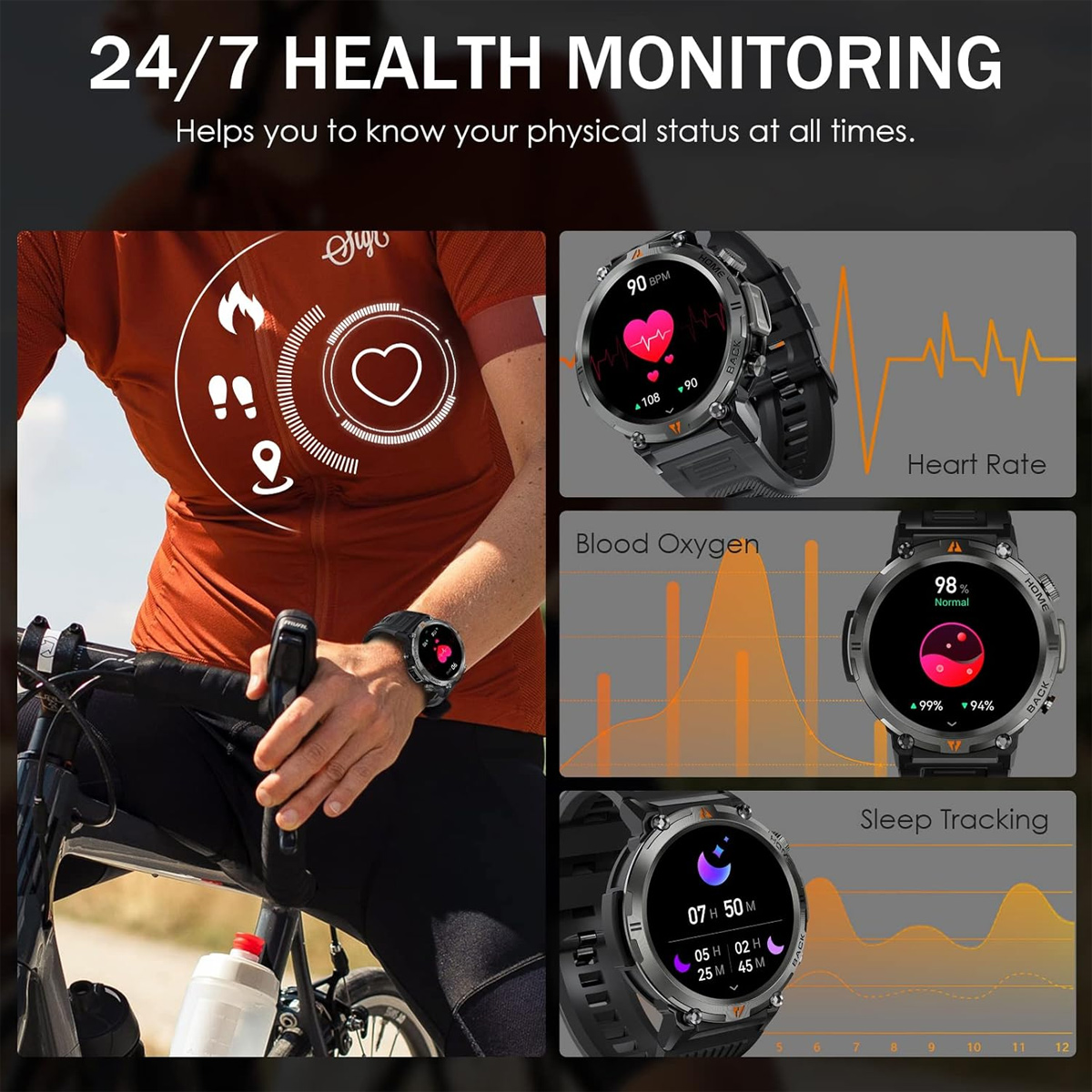 Person auf einem Fahrrad mit Smartwatch. Das Bild zeigt Gesundheitsüberwachungsfunktionen: Herzfrequenz, Blutsauerstoff und Schlafüberwachung.