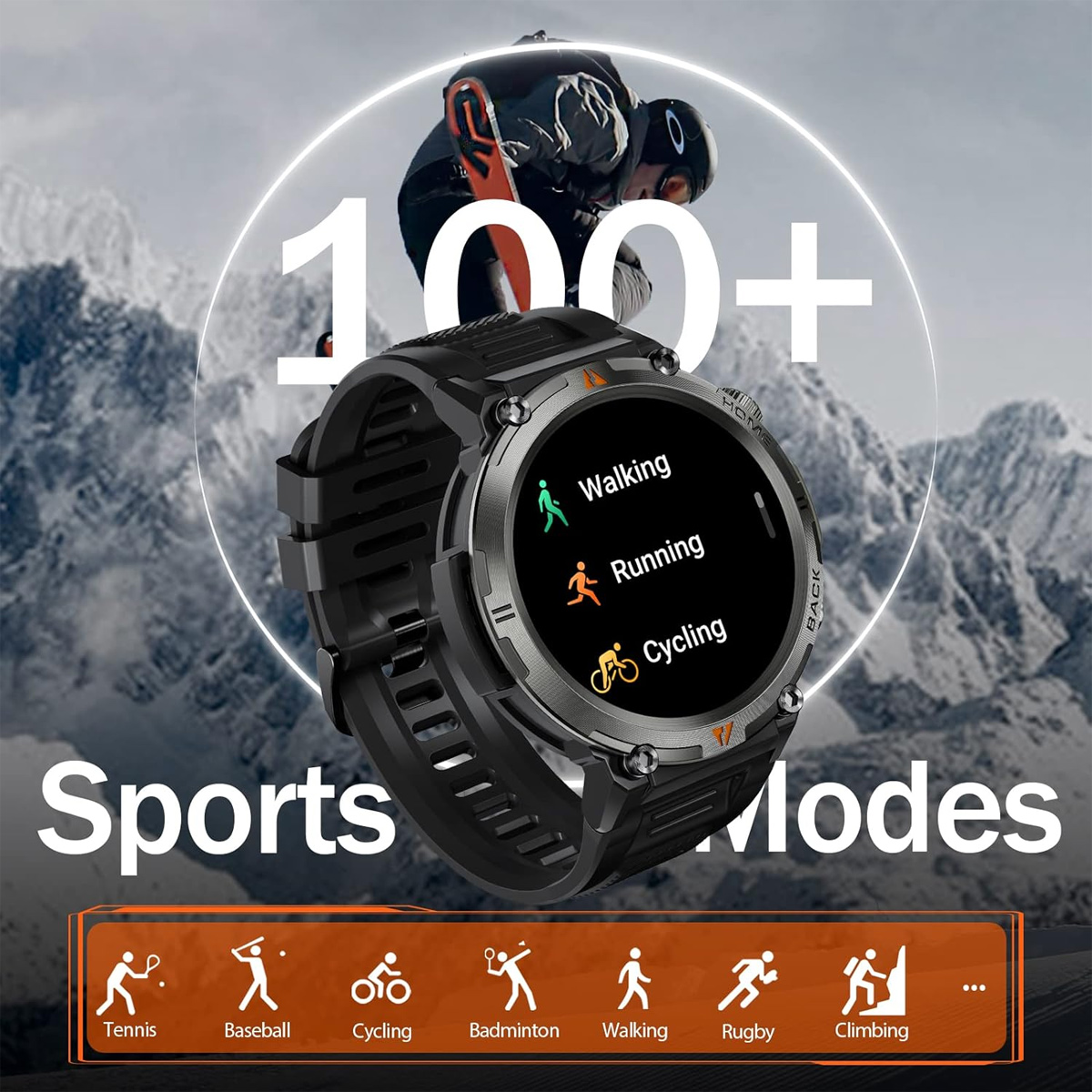Eine schwarze Smartwatch mit Sportmodi. Ein Skifahrer im Hintergrund. Zeigt Gehen, Laufen, Radfahren. Zusätzliche Sport-Icons unten.