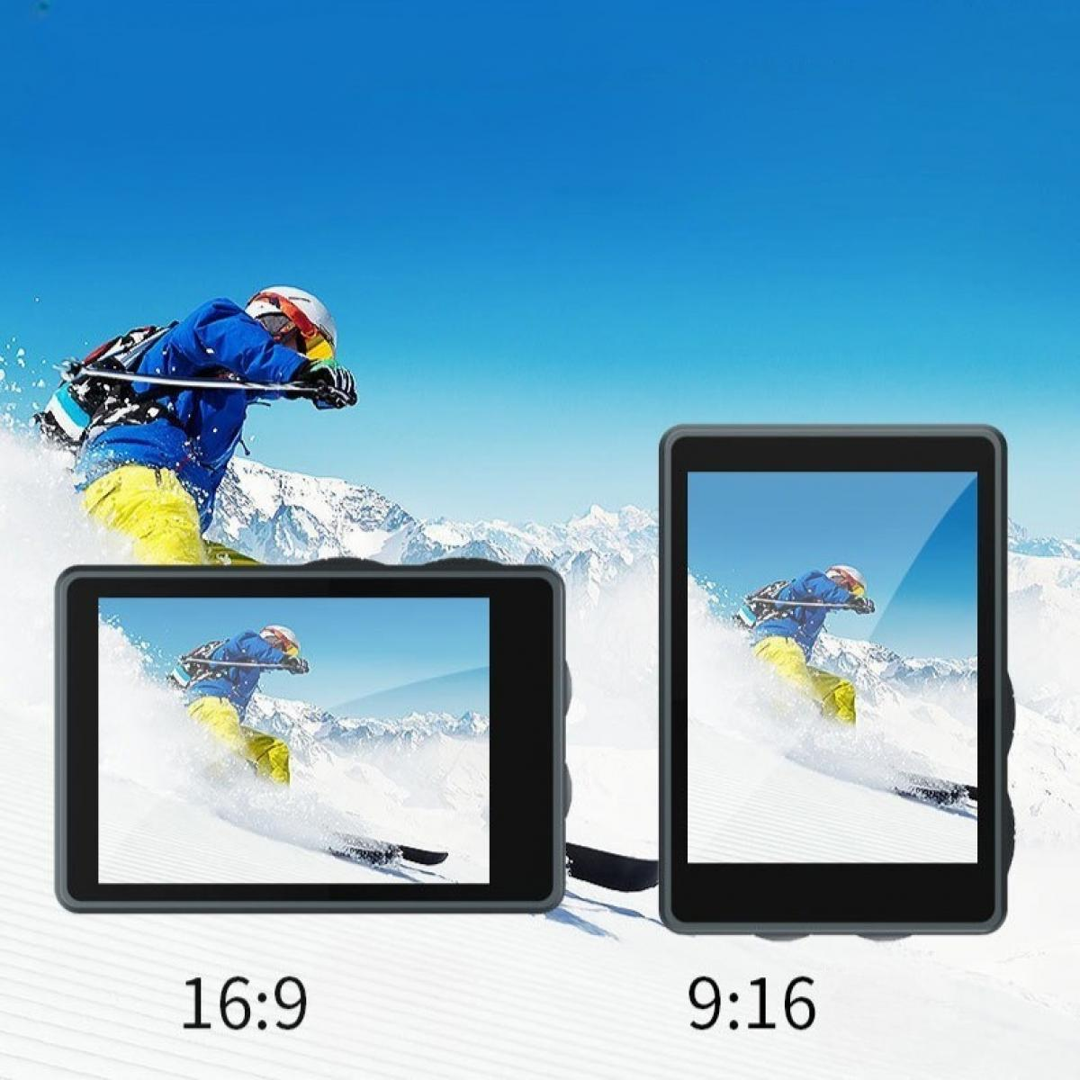 Das Bild zeigt zwei Bildschirme, die einen Skifahrer auf einem schneebedeckten Berg zeigen. Ein Bildschirm ist 16:9, der andere 9:16. Blauer Himmel und Berge im Hintergrund.
