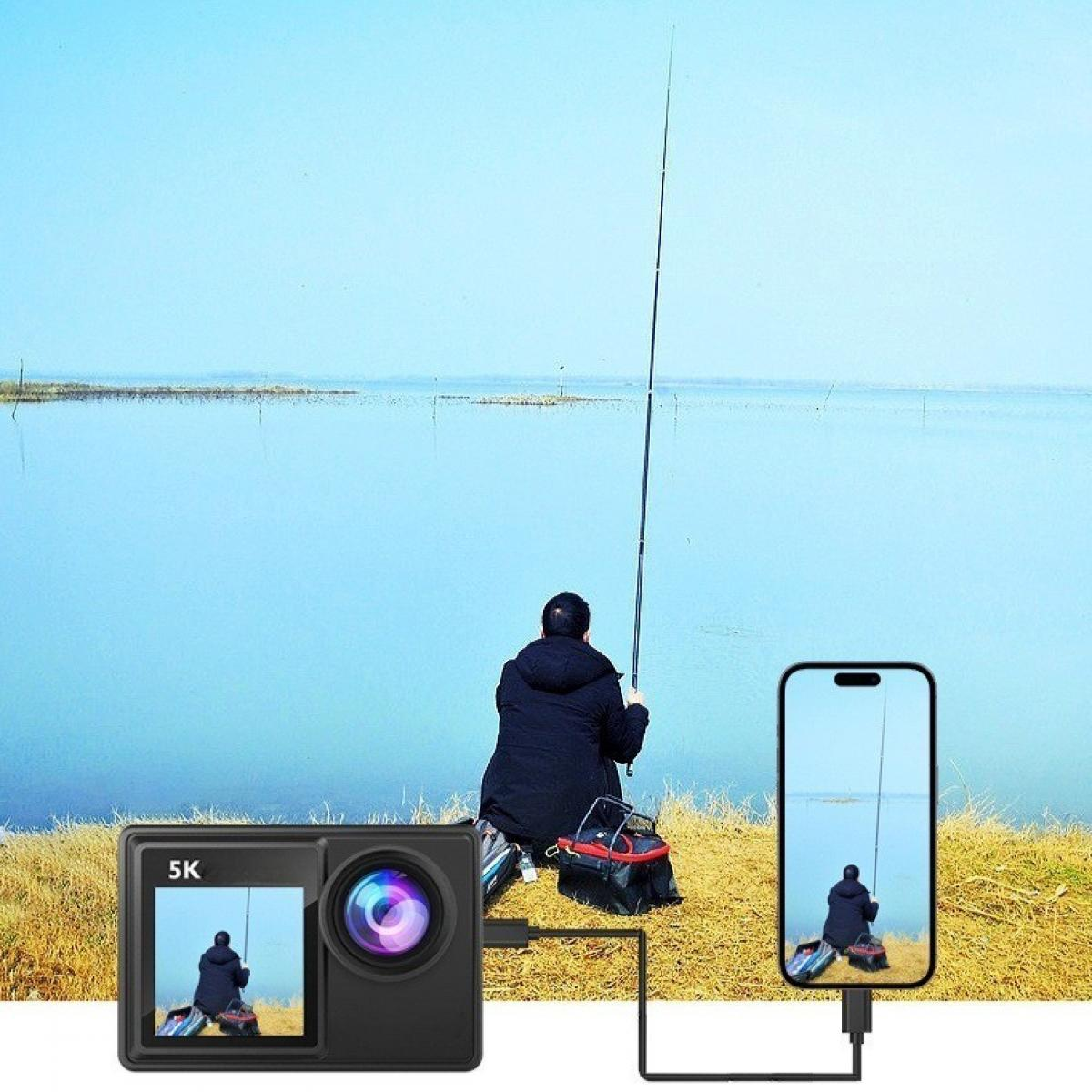 Eine Person fischt in der Nähe eines Sees, gezeigt auf einem Telefon und einer Kamera. Die Szene wird auf dem Telefon und dem Kamerabildschirm angezeigt.