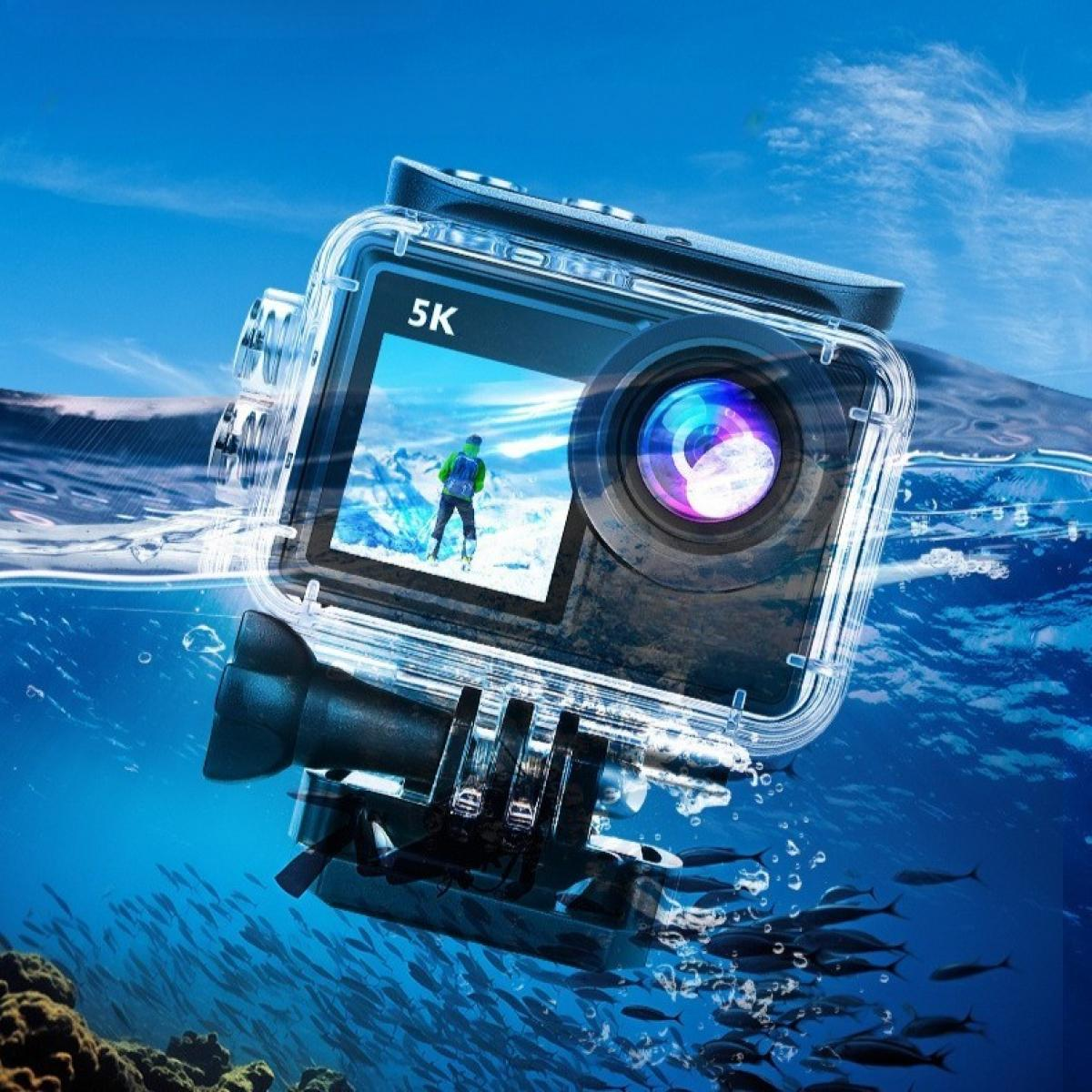 Unterwasser-Action-Kamera mit 5K-Display, die einen Skifahrer zeigt. Die Kamera befindet sich in blauem Wasser mit Fischen.