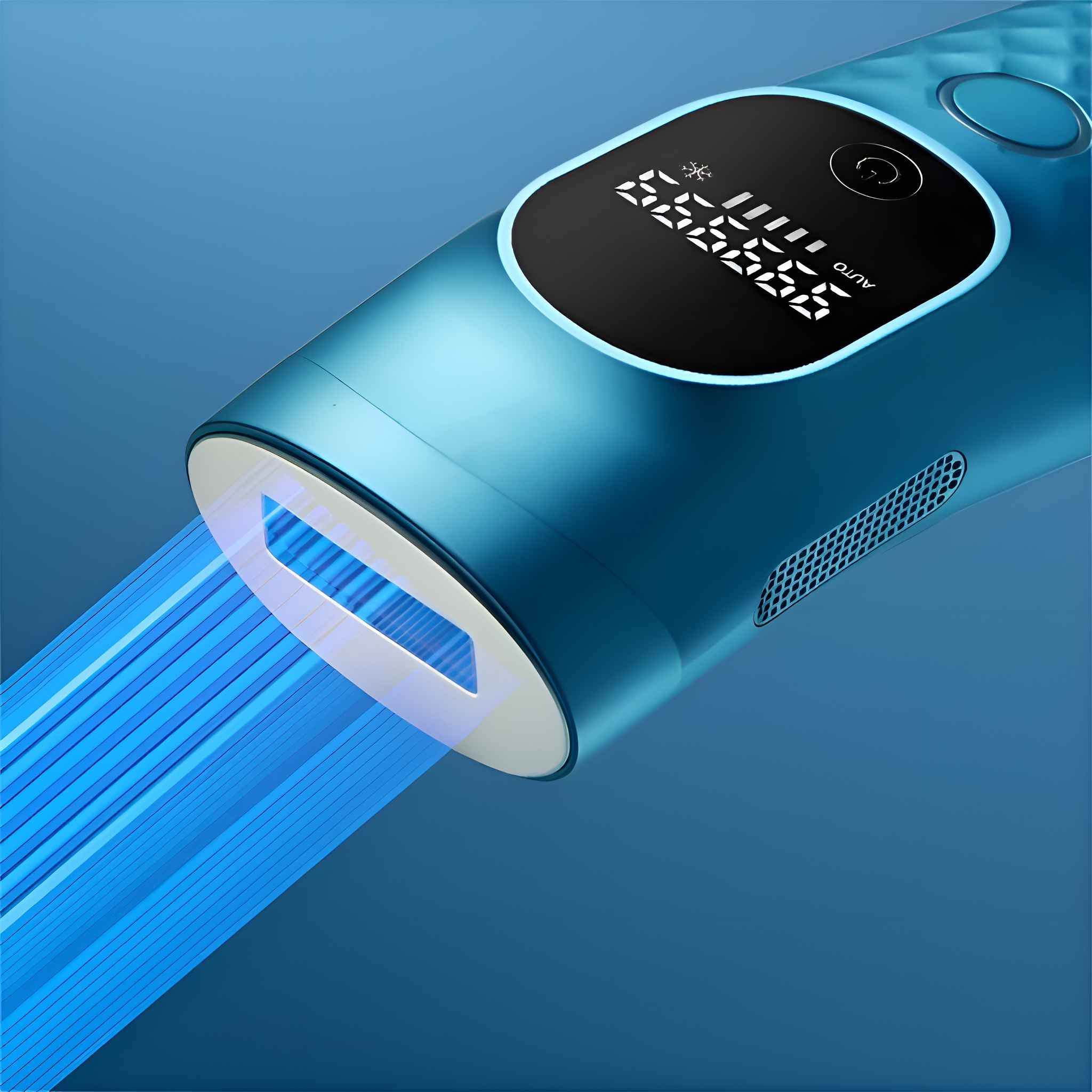 Ein blaues Haarentfernungsgerät mit Digitalanzeige. Helle blaue Lichtstrahlen werden vom Gerät emittiert.