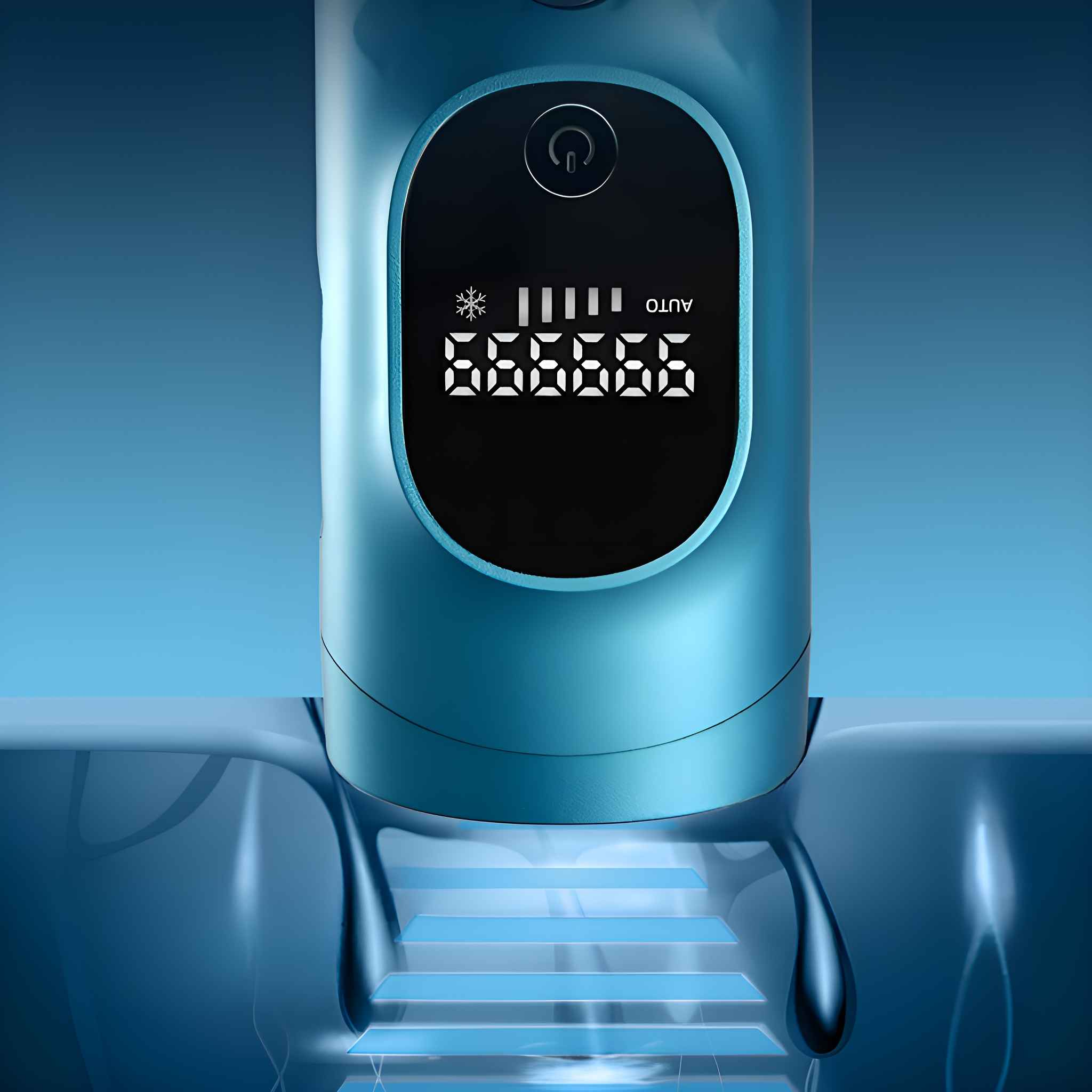 Ein blaues Gerät mit Digitalanzeige, die Zahlen und Symbole zeigt. Es hat einen Ein-/Ausschalter und ein Kühlsymbol.