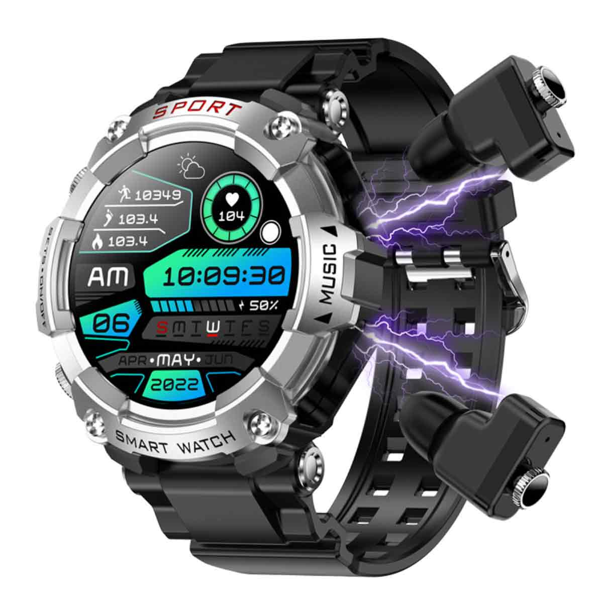 Eine Smartwatch mit integrierten Ohrhörern wird gezeigt. Die Uhr zeigt Uhrzeit und Gesundheitsdaten an. Die Ohrhörer sind schwarz und durch Blitze verbunden.