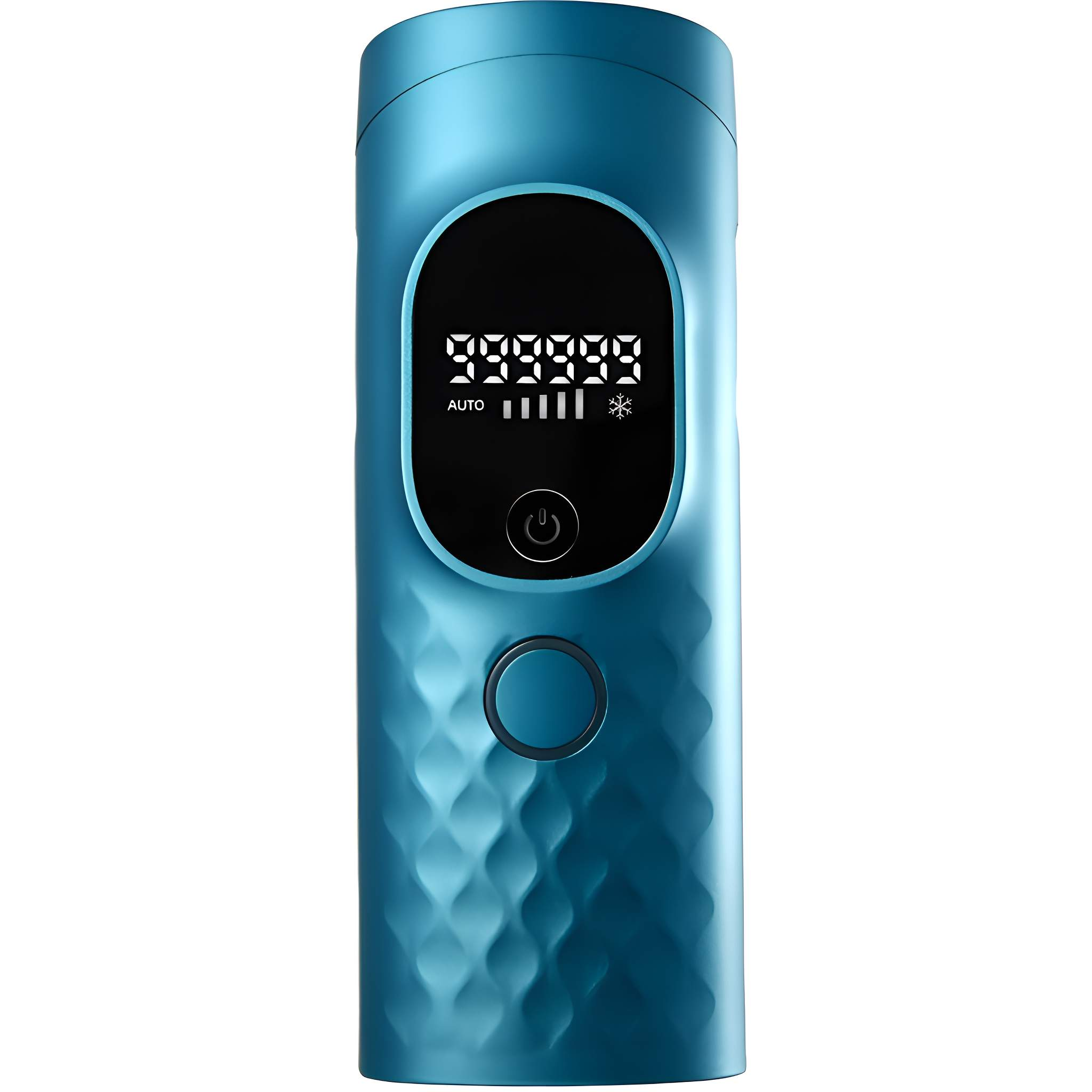 Ein blaues Gerät mit Digitalanzeige, die Zahlen und Symbole zeigt. Es hat einen Einschaltknopf und eine runde Taste.