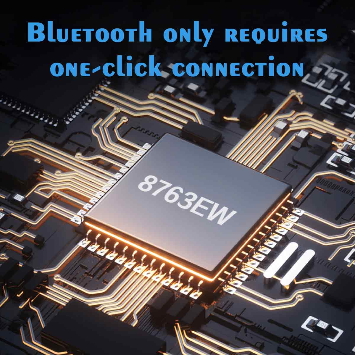 Eine Platine mit einem zentralen Chip mit der Aufschrift 8763EW. Die Worte 'Bluetooth erfordert nur eine Klickverbindung' stehen darüber.