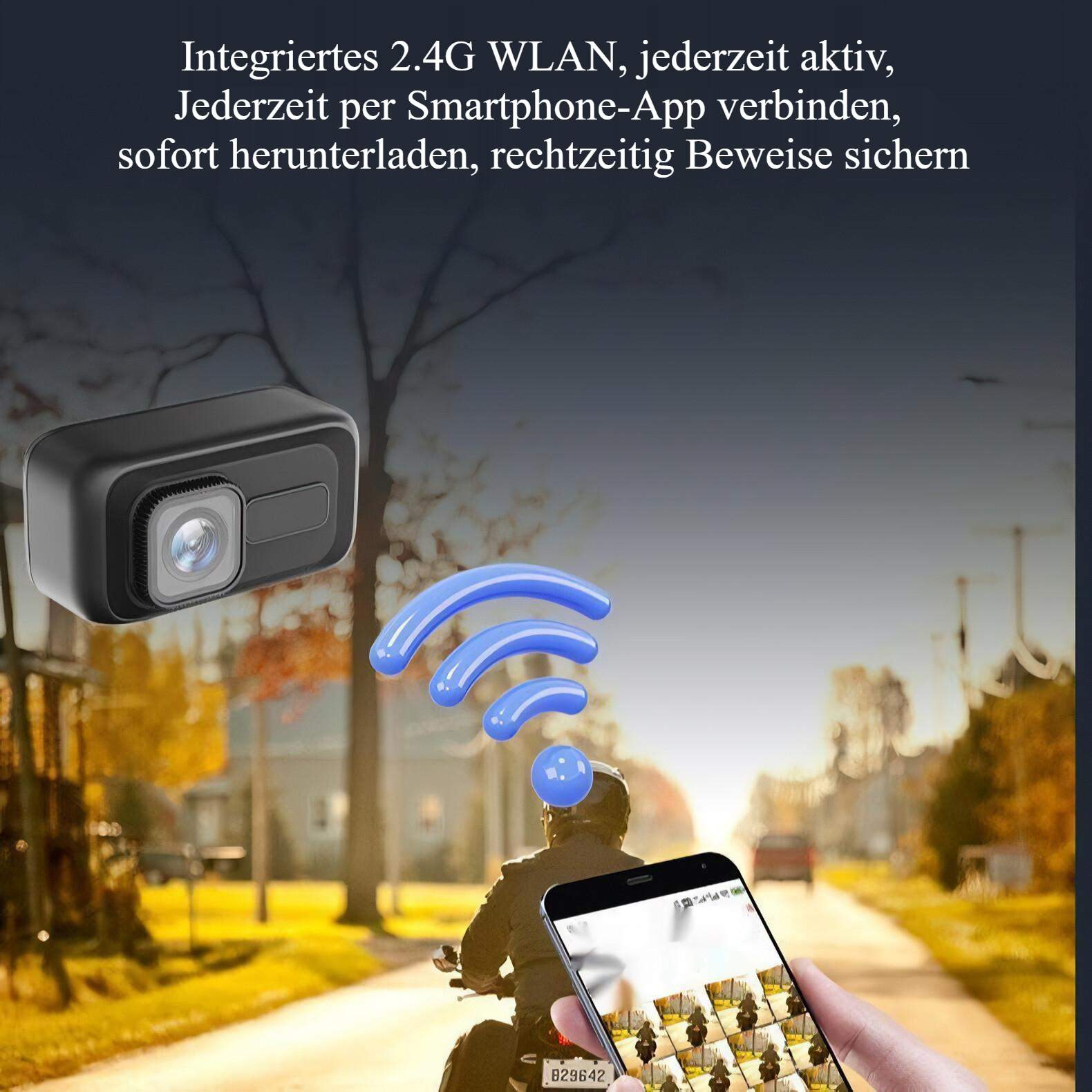 Schwarze Dashcam, blaues WLAN-Symbol, Smartphone mit Bildern, Person auf dem Fahrrad, Hintergrund mit Herbstbäumen und Straße.