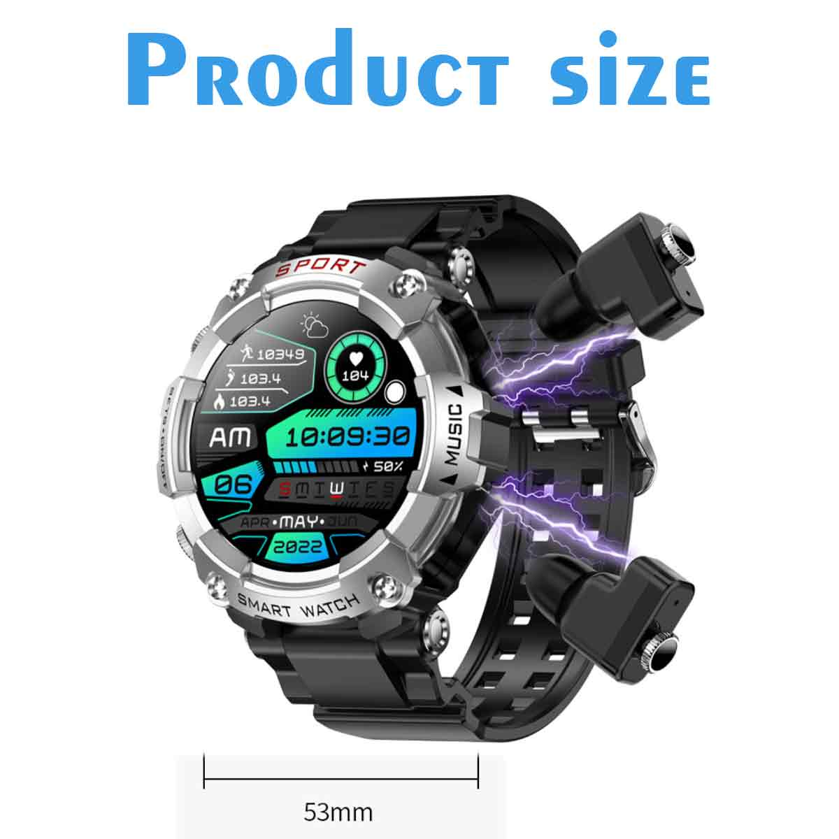 Smartwatch mit Ohrhörern. Schwarzes Armband, silberne Lünette und Digitalanzeige. Text: 'Product Size', 'SPORT', 'SMART WATCH'.