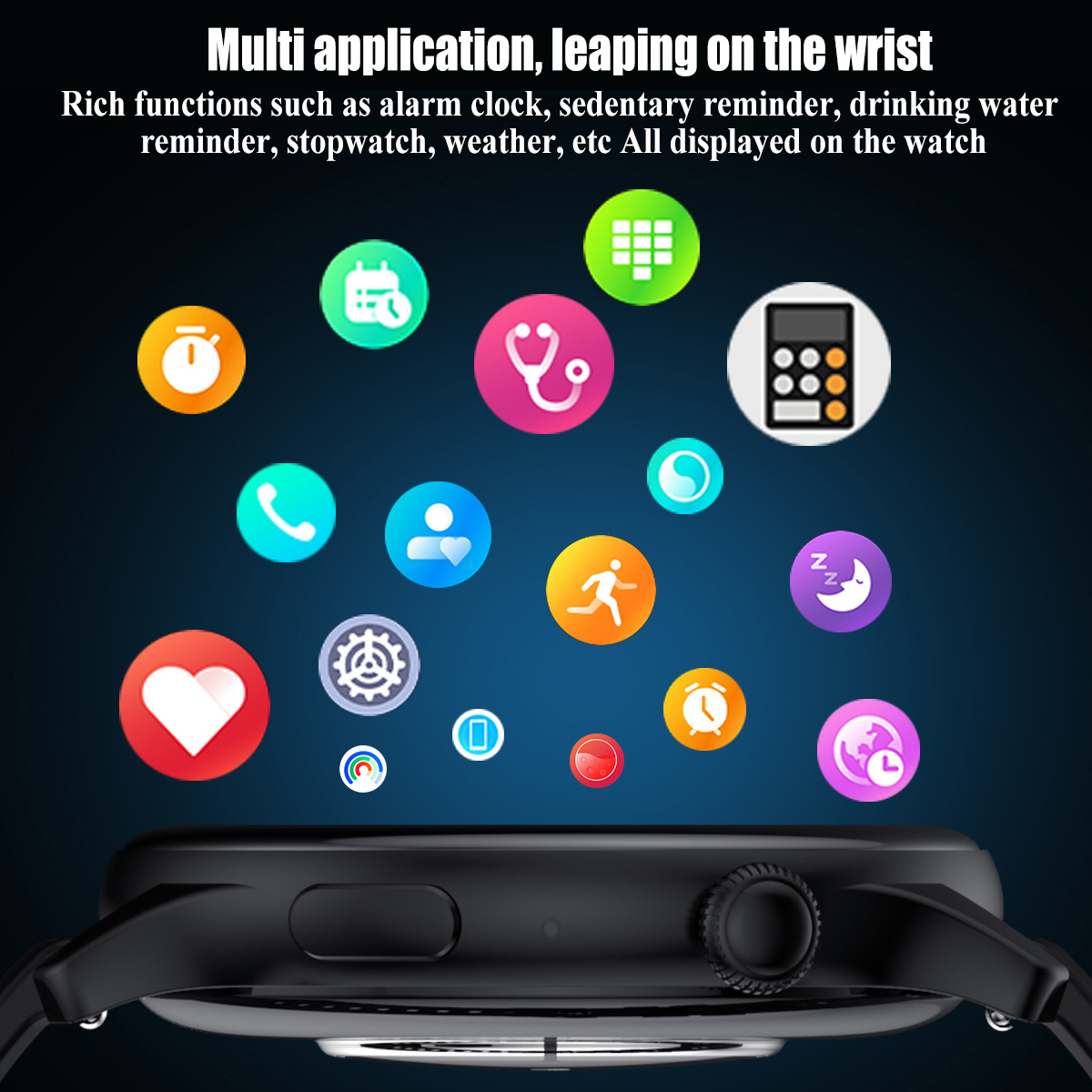 Eine schwarze Smartwatch mit verschiedenen Anwendungssymbolen darüber. Text oben beschreibt die Funktionen: Wecker, Wetter usw.