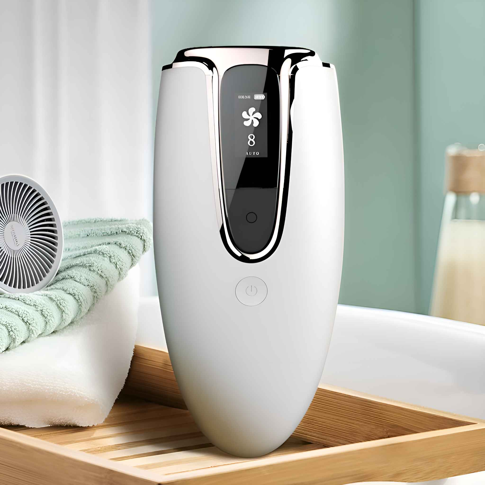 Weißes Haarentfernungsgerät mit Bildschirm, Ein-/Aus-Taste und Ventilator auf einem Holztablett mit Handtuch.