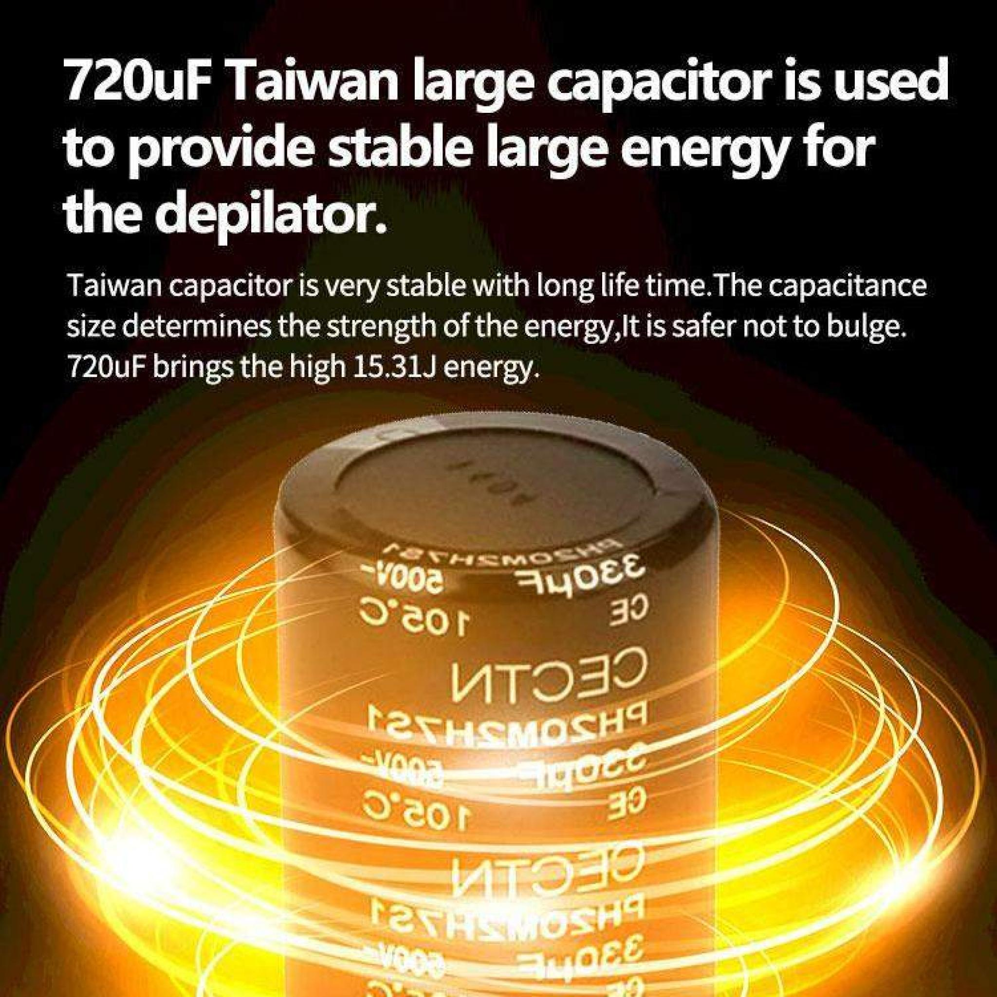 Das Bild zeigt einen Kondensator mit dem Text: 720uF Taiwan, verwendet für stabile Energie. Der Hintergrund ist ein Leuchten.