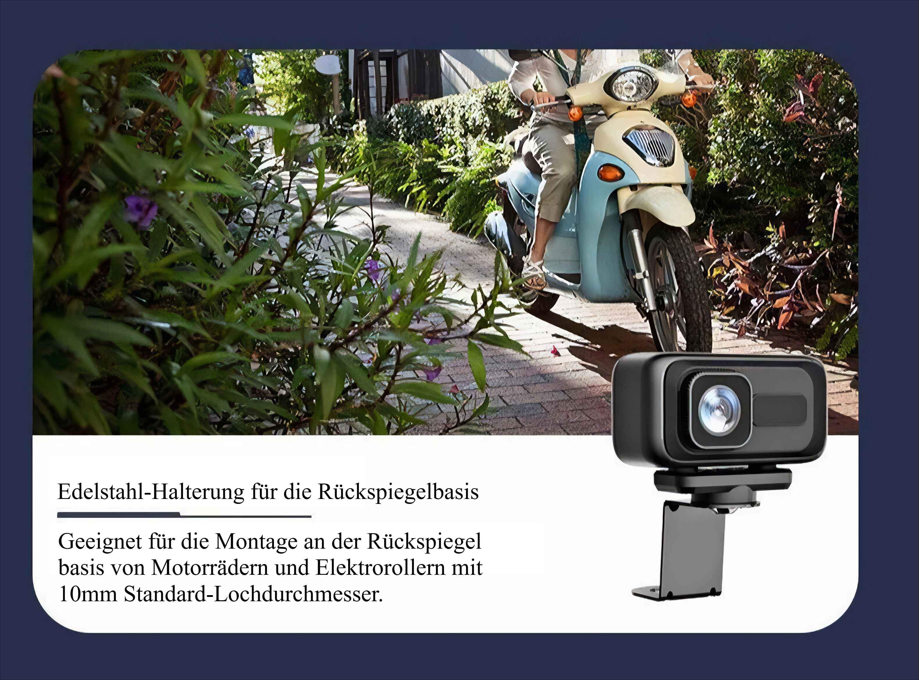 Eine Person fährt mit einem hellblauen Roller auf einem Weg. Im Vordergrund befindet sich eine schwarze Webcam.