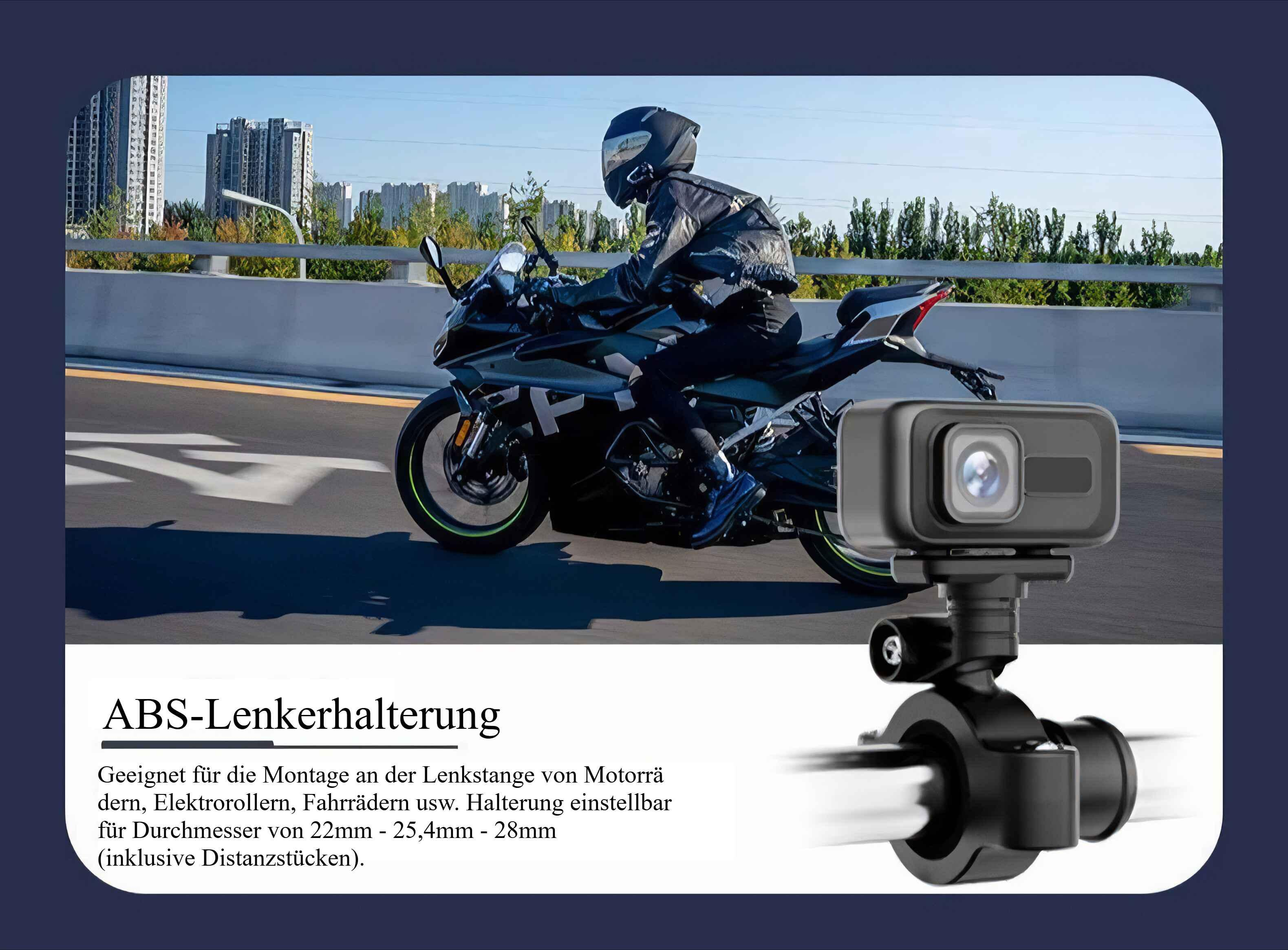 Ein Motorradfahrer fährt auf einer Straße Motorrad. Eine Kamerahalterung ist im Vordergrund zu sehen. Gebäude im Hintergrund.