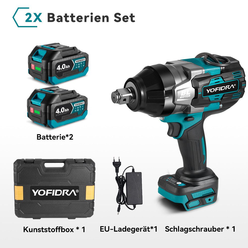 Ein Satz Elektrowerkzeuge, darunter zwei Batterien, ein Schlagschrauber, ein Koffer und ein Ladegerät. Alle Artikel sind neu und schwarz und blaugrün.