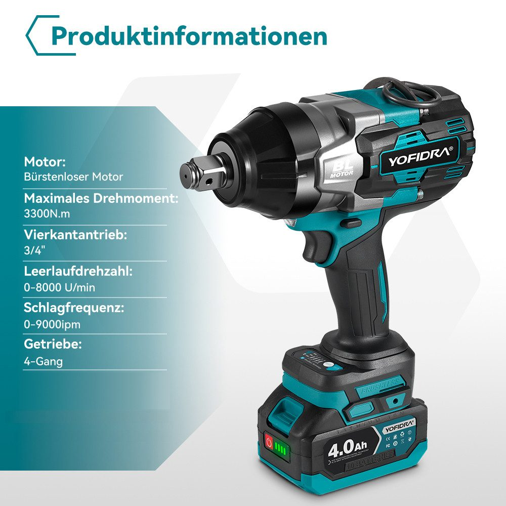 Ein Schlagschrauber in Schwarz und Türkis, der Produktname ist sichtbar. Er hat einen Akku, und Produktinformationen werden präsentiert.