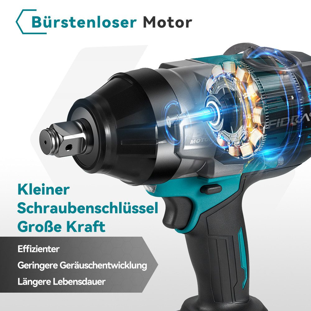 Ein Schlagschrauber mit bürstenlosem Motor. Text: kleinere Größe, mehr Leistung, Effizienz, leiserer Betrieb und längere Lebensdauer.