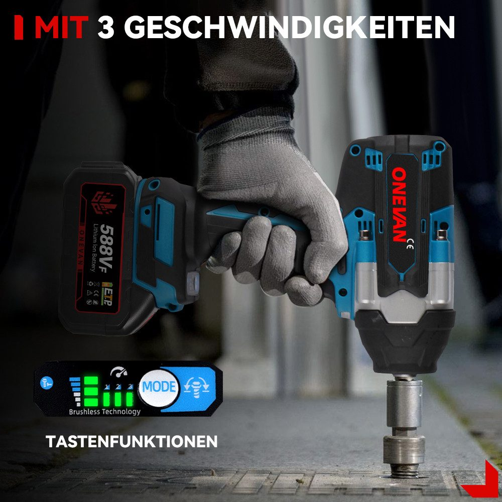Eine Person hält ein blau-schwarzes Elektrowerkzeug. Der Text lautet "MIT 3 GESCHWINDIGKEITEN". Unten ist ein Bedienfeld zu sehen.