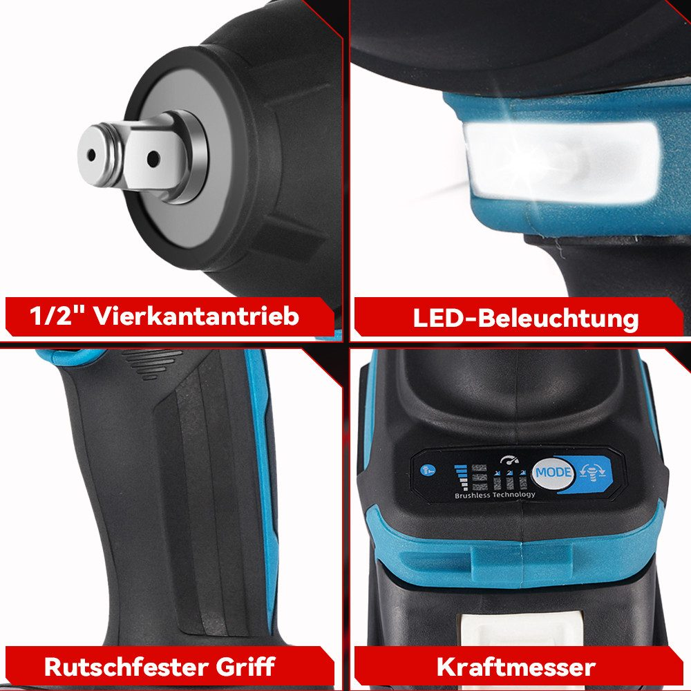 Ein elektrischer Schraubenschlüssel mit Metallkopf, LED-Licht und rutschfestem Griff. Verfügt über Leistungs- und Modustasten.