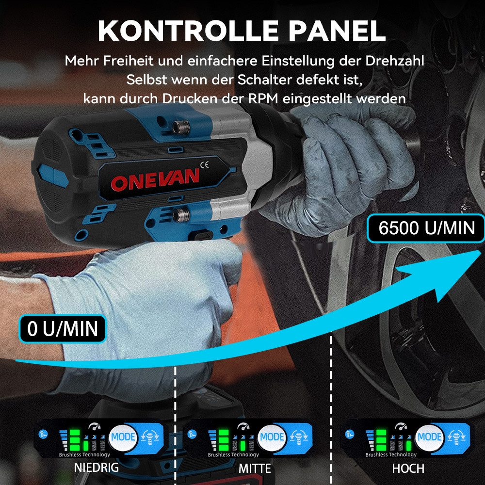 Ein blau-schwarzer ONEVAN-Schlagschrauber mit Textüberlagerung. Hände in Handschuhen halten ihn. Text zeigt RPM-Einstellungen und ein Rad.