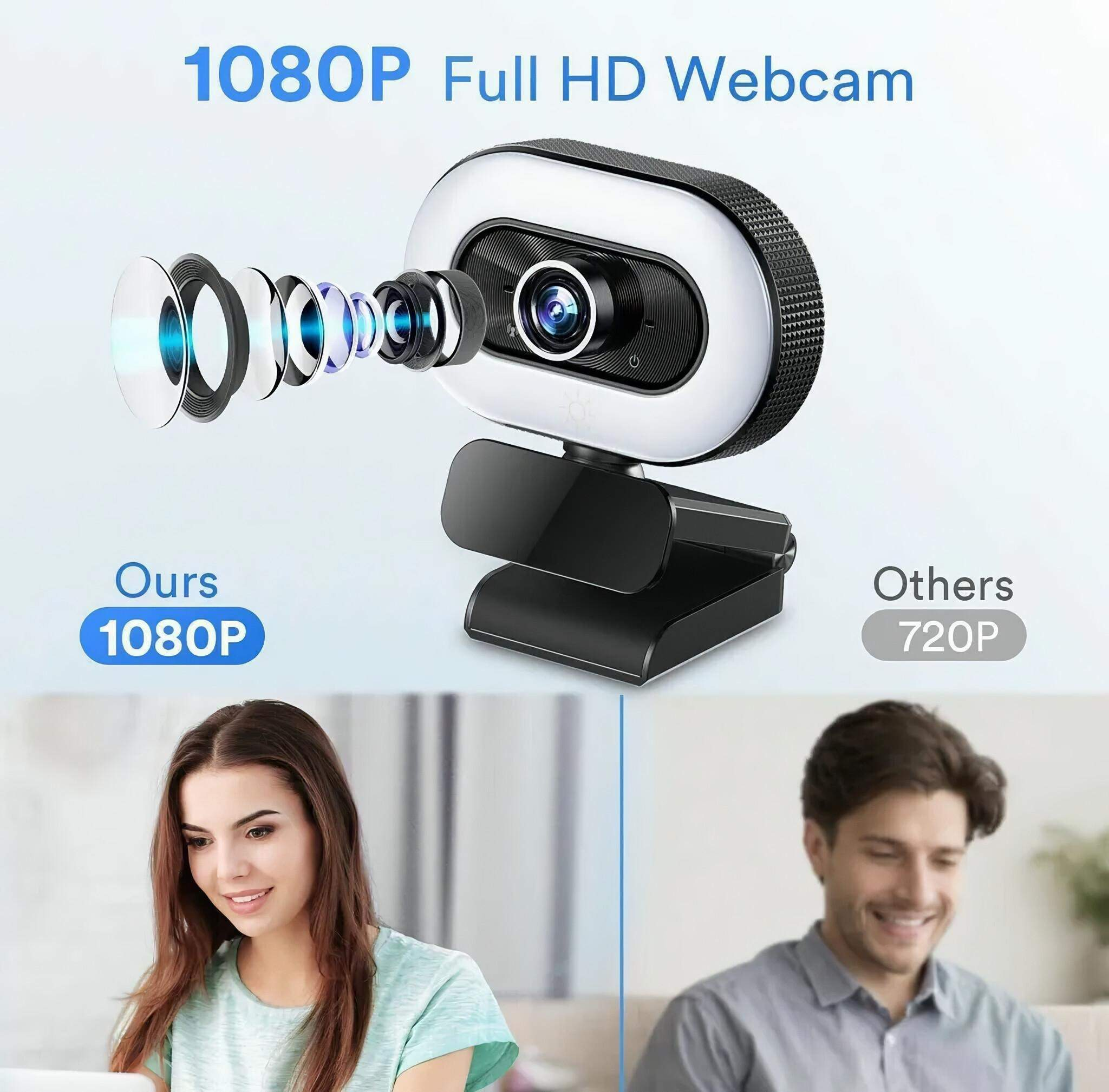 Eine Webcam mit eingebautem Licht, die eine Auflösung von 1080P anzeigt. Eine Frau und ein Mann werden bei der Verwendung der Webcam gezeigt.