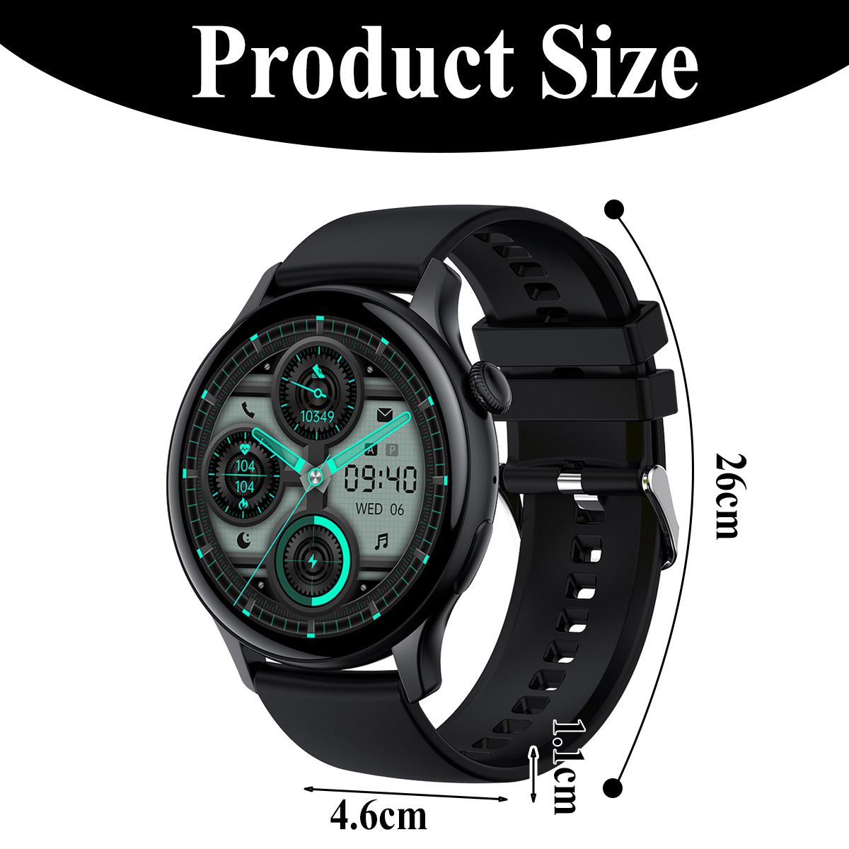Eine schwarze Smartwatch mit digitaler Anzeige von Uhrzeit, Akku und anderen Metriken. Maße sind beschriftet: 4,6 cm, 26 cm und 1,1 cm.
