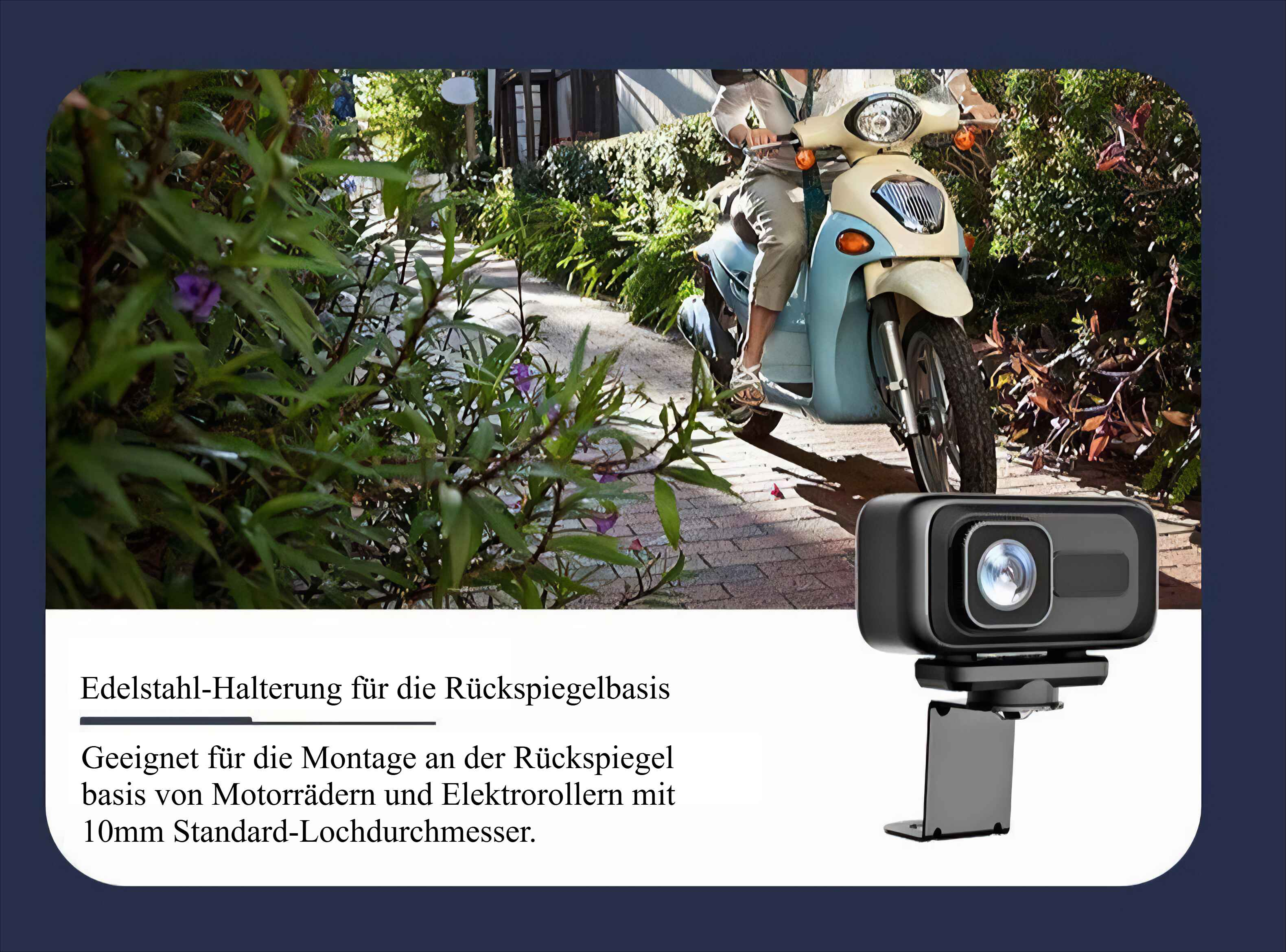 Eine Person fährt einen hellblauen und weißen Roller. Im Vordergrund befindet sich eine schwarze Webcam.