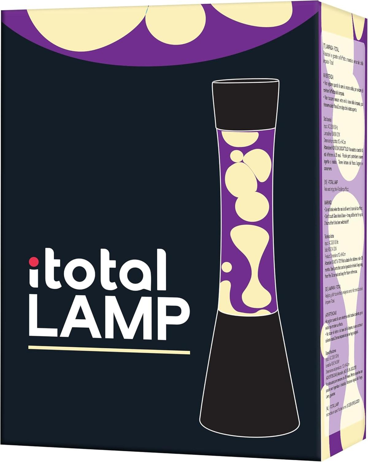 Schachtel einer Lavalampe. Sie hat einen schwarzen Sockel und Deckel, einen lilafarbenen Körper mit gelben Klecksen und den Markennamen 'iTotal LAMP'.