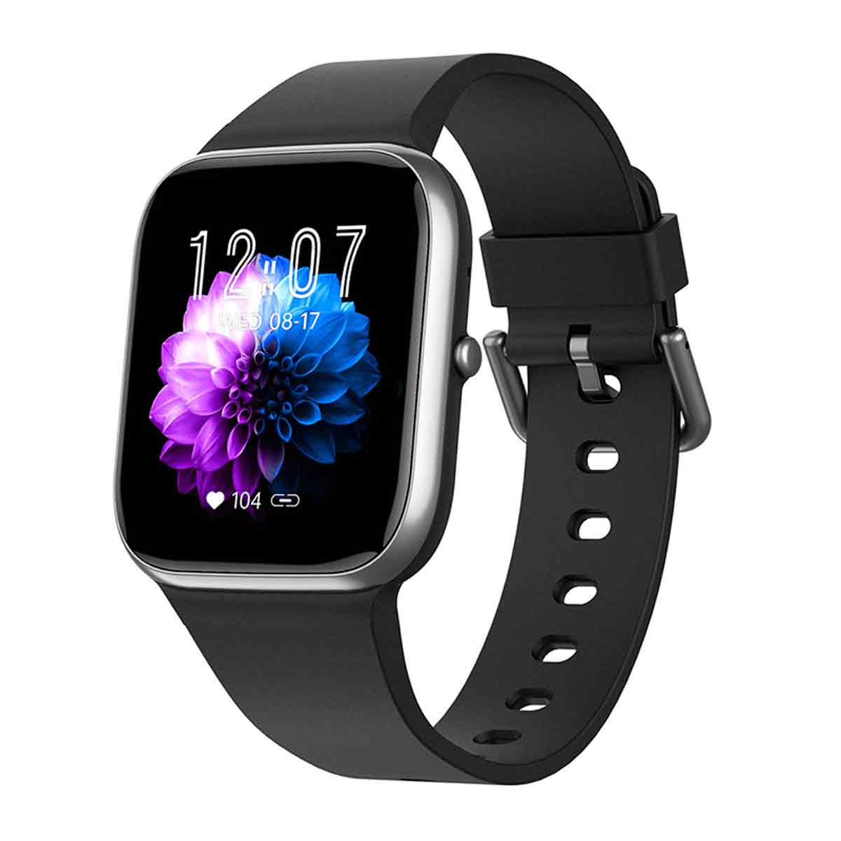 Schwarze Smartwatch mit schwarzem Armband. Der Bildschirm zeigt Uhrzeit, Datum und eine lila-blaue Blume.