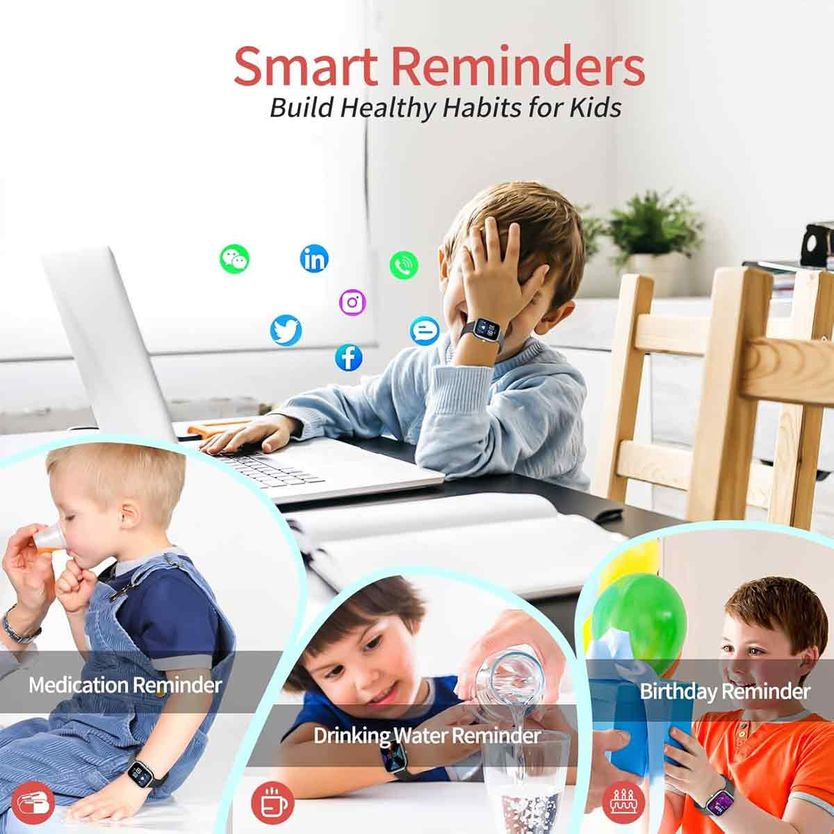 Das Bild zeigt Kinder mit Smartwatches. Die obere Szene zeigt ein Kind mit einem Laptop. Andere Szenen zeigen Kinder, die Medikamente einnehmen, Wasser trinken und Luftballons halten.