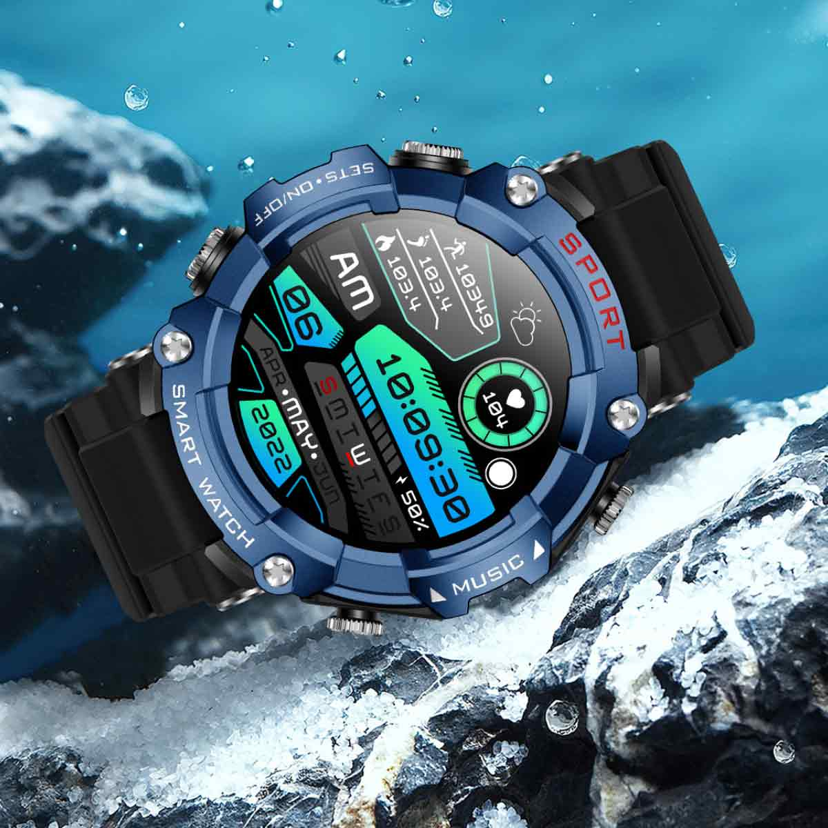 Eine blaue Smartwatch zeigt Uhrzeit, Datum und Gesundheitsdaten an. Die Uhr hat ein schwarzes Armband und einen blau-weißen Hintergrund.