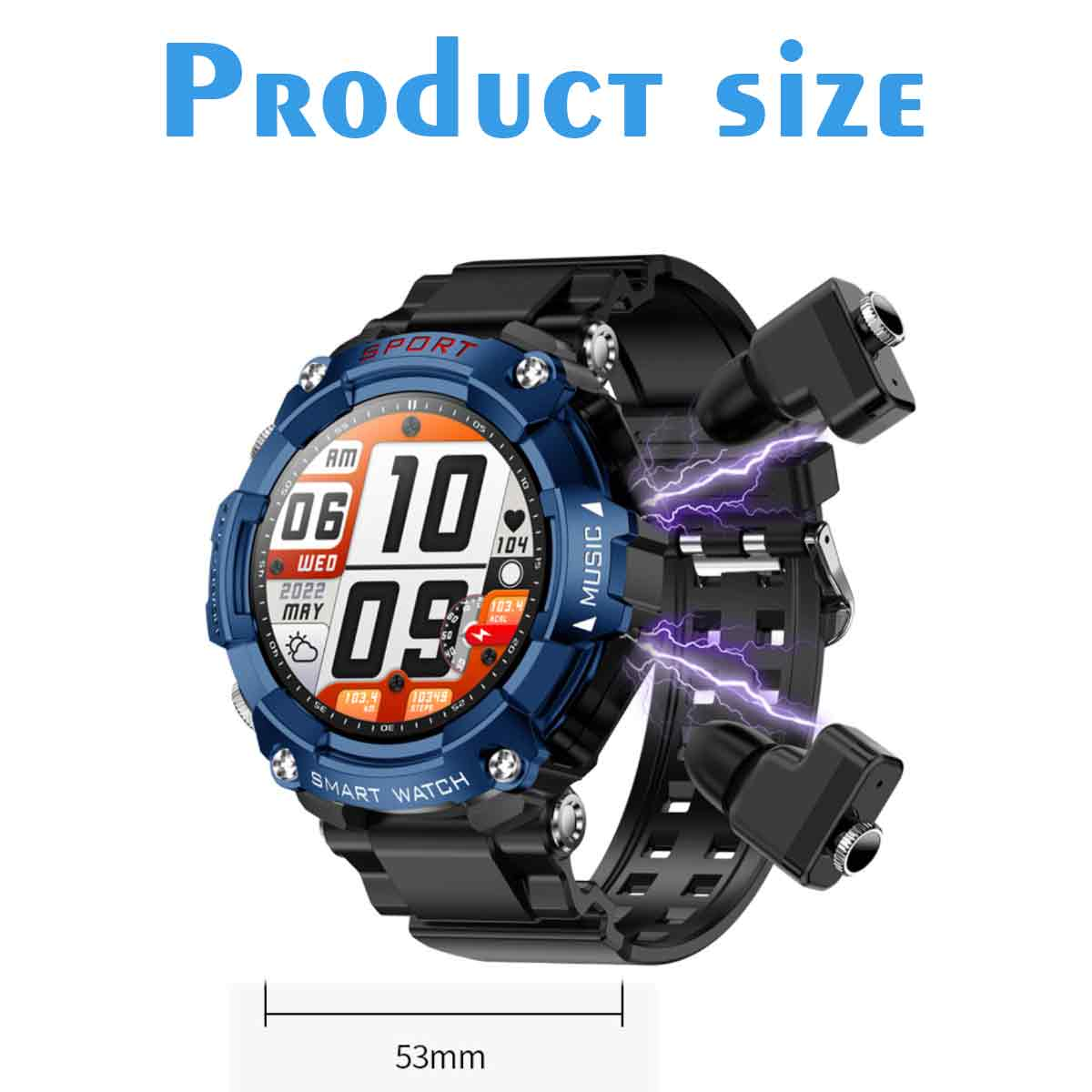 Eine blaue und schwarze Smartwatch mit Ohrhörern. Das Bild enthält auch den Text "Produktgröße" und "53mm".