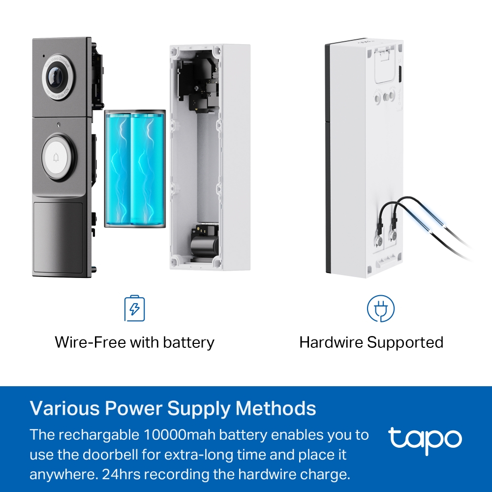 Obraz przedstawia elementy dzwonka: szarą jednostkę, baterię i białą jednostkę. Szczegóły tekstu na temat metod zasilania.