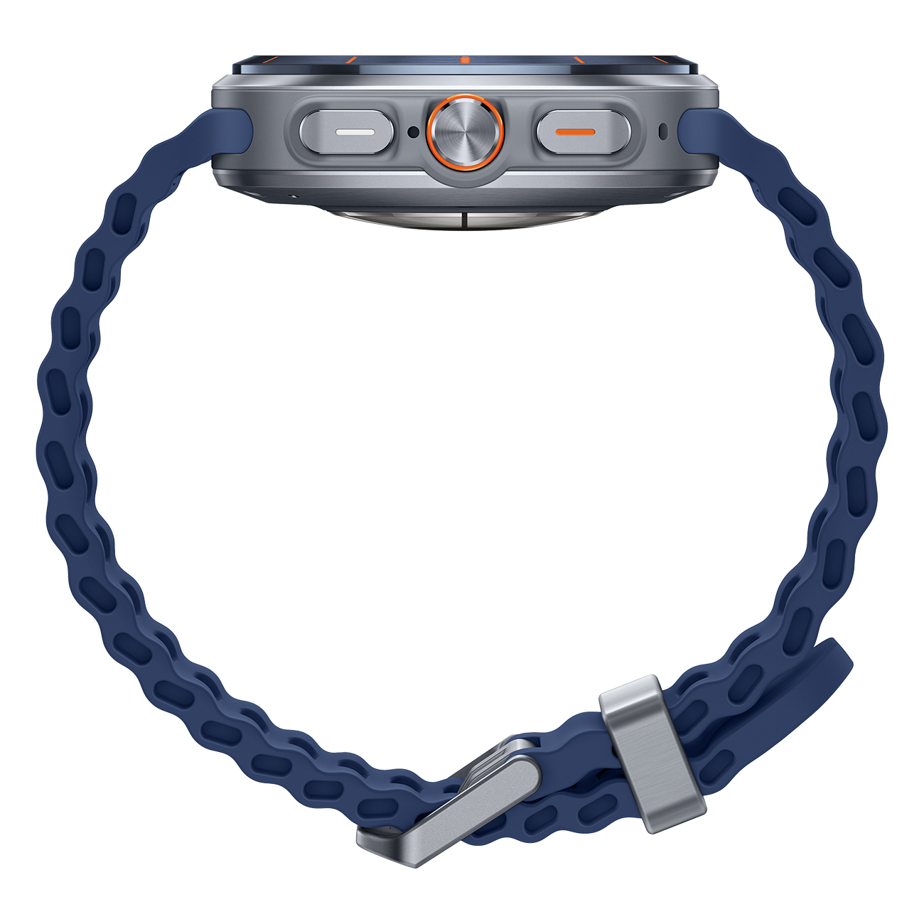 Przedstawiono srebrny smartwatch z niebieskim paskiem. Zegarek ma pomarańczowe akcenty i niebieski, falisty pasek z klamrą.