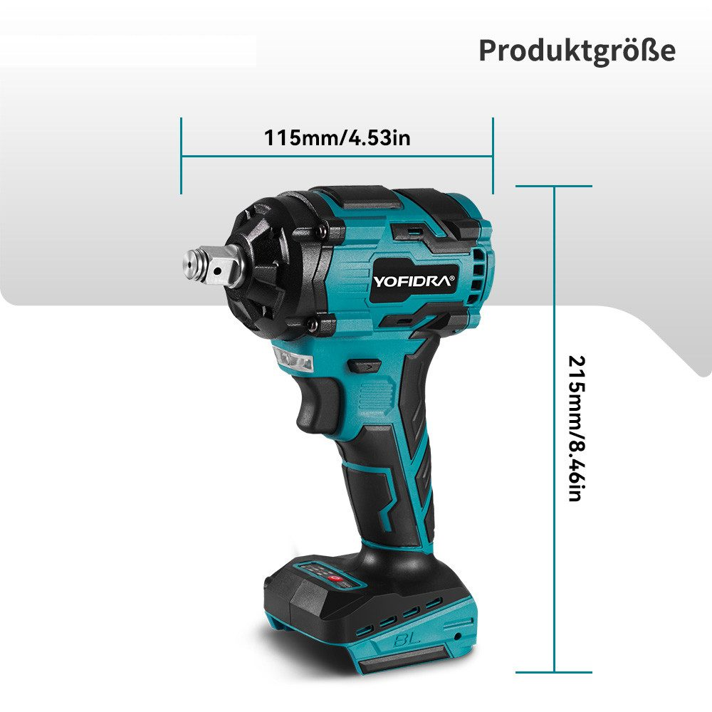 Una llave de impacto YOFIDRA verde azulado y negra. Las dimensiones son 115 mm/4,53 pulgadas de ancho y 215 mm/8,46 pulgadas de largo. El texto dice Produktgröße.
