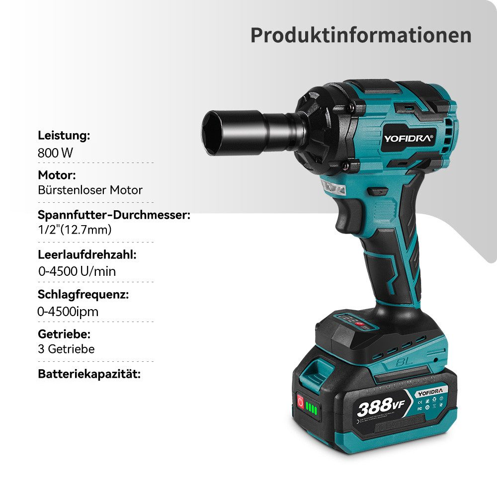 Una llave de impacto YOFIDRA turquesa y negra. Las especificaciones incluyen 800W, motor sin escobillas, portabrocas de 1/2", 0-4500 RPM y batería de 388VF.