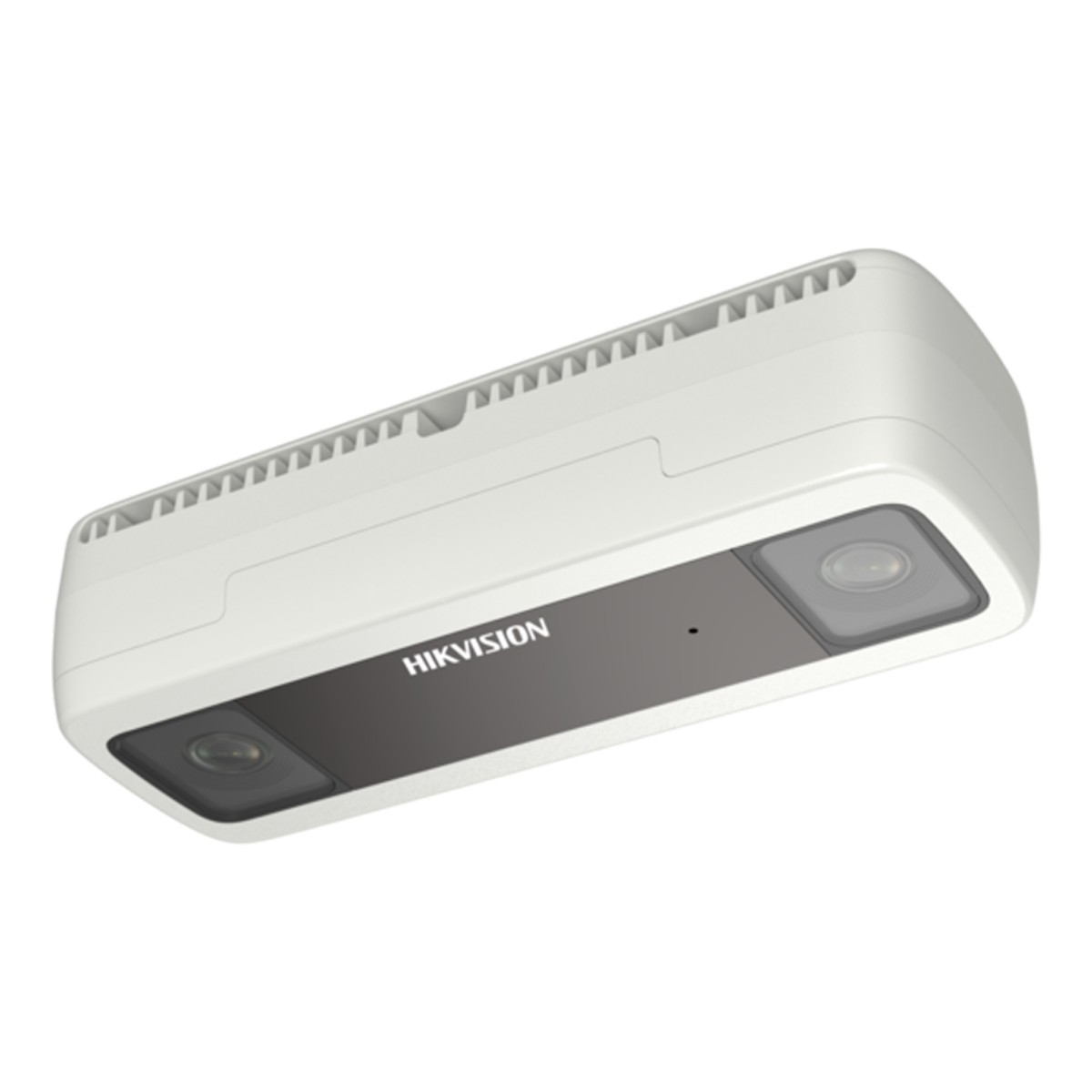 Telecamera Hikvision bianca con due lenti, un pannello nero con il marchio e una serie di fessure superiori.
