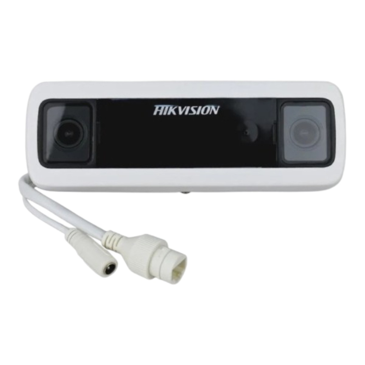 Una telecamera di sicurezza Hikvision bianca con due obiettivi, centro nero e connettori per cavi bianchi su sfondo bianco.