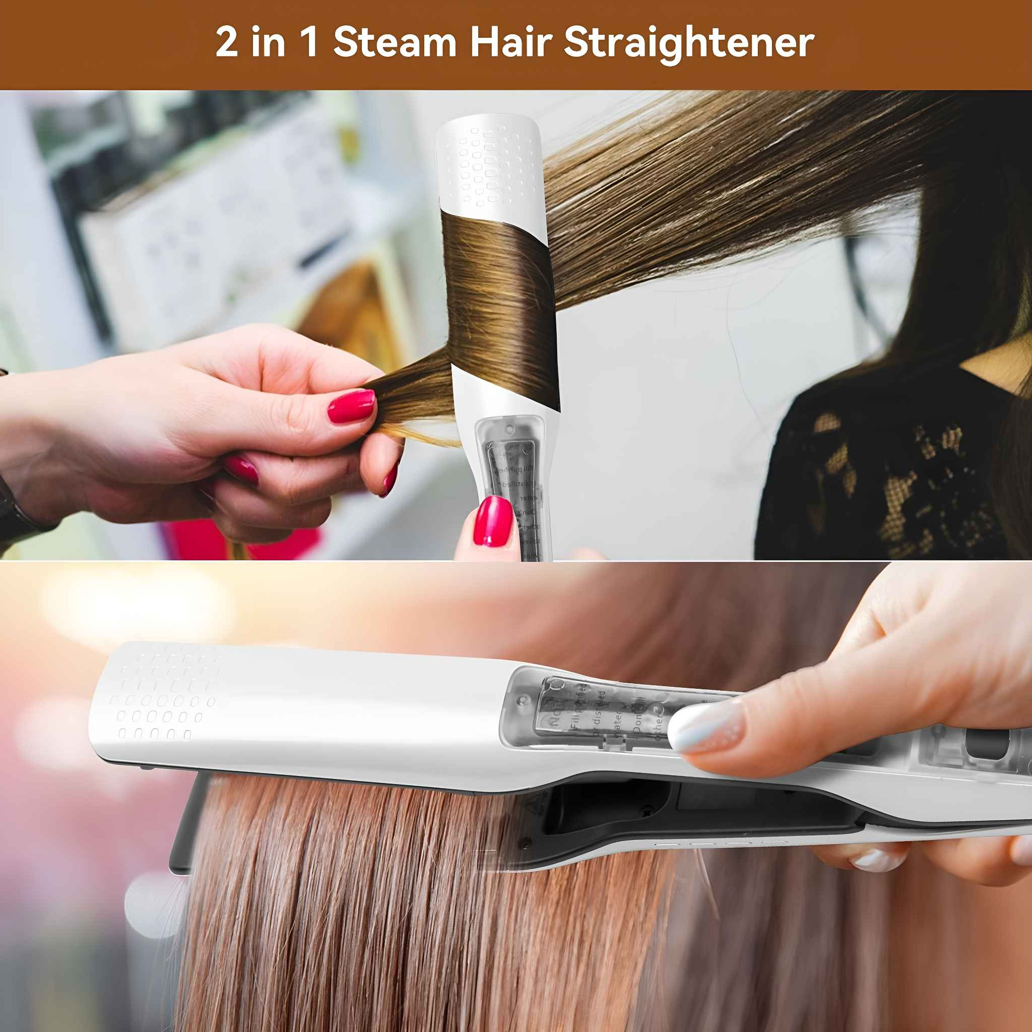 Hände benutzen einen Haarglätter auf braunem Haar. Das Gerät ist weiß. Die Überschrift lautet: 2 in 1 Dampf-Haarglätter.