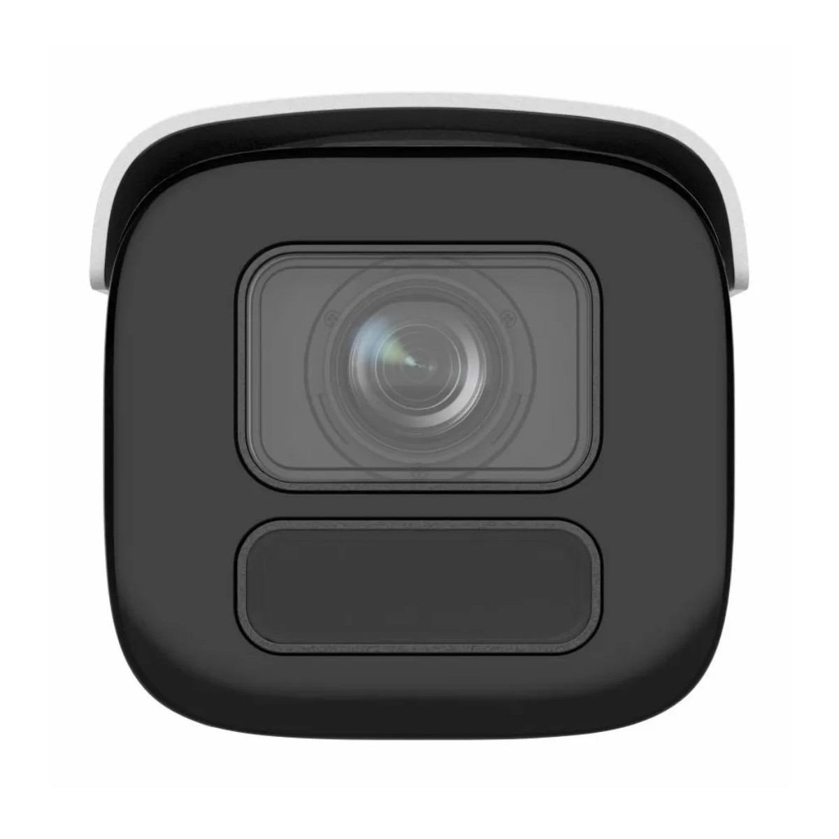 Czarna kamera bezpieczeństwa z obiektywem i ciemnym panelem na białym tle.