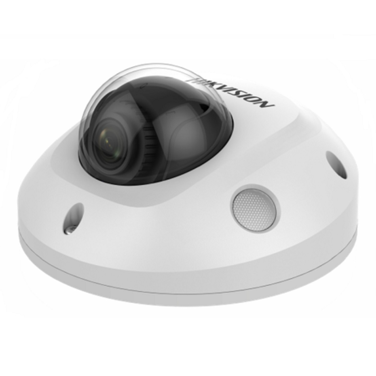Una telecamera a cupola bianca con copertura trasparente. La telecamera ha un obiettivo e il marchio HIKVISION è visibile.