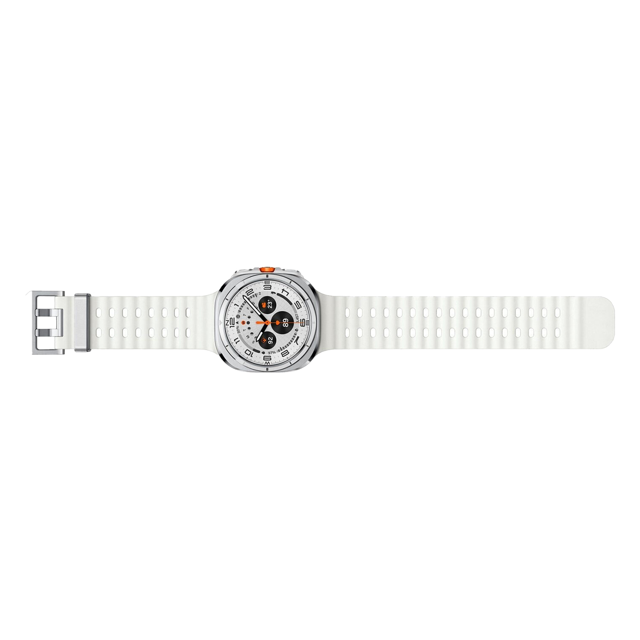 Een witte smartwatch met een zilveren kast en witte band. De wijzerplaat toont cijfers en iconen. De band is geperforeerd.