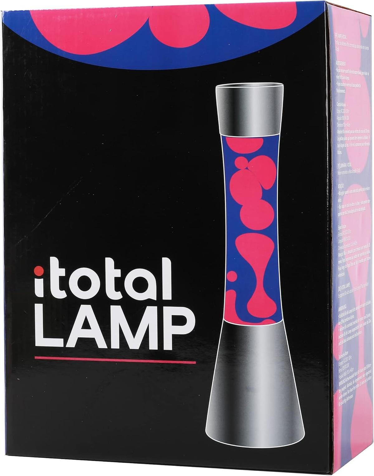 Schachtel mit einer Lavalampe. Die Lampe hat rosa Kleckse in blauer Flüssigkeit, silberne Basis und Oberseite. Die Schachtel ist schwarz mit den Worten 'i total LAMP'.