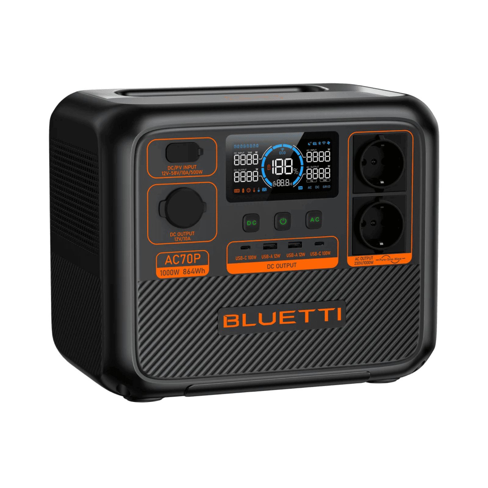 Estación de energía Bluetti AC70P negra. Pantalla, puertos y enchufes. Acentos y texto naranja destacan funciones.