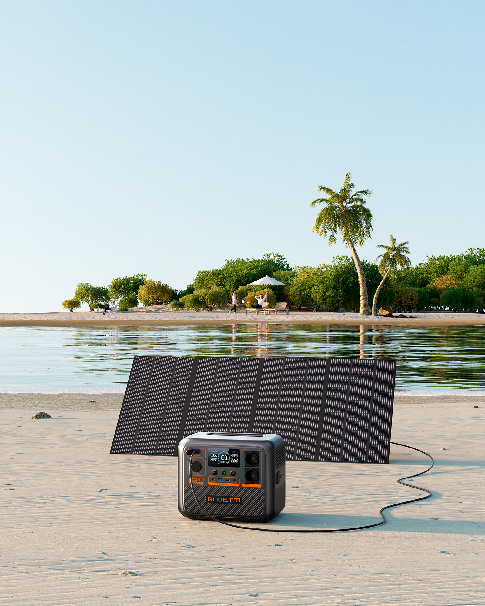 Una escena de playa con un panel solar, una central eléctrica, palmeras y gente relajándose. Cielo azul claro en el fondo.