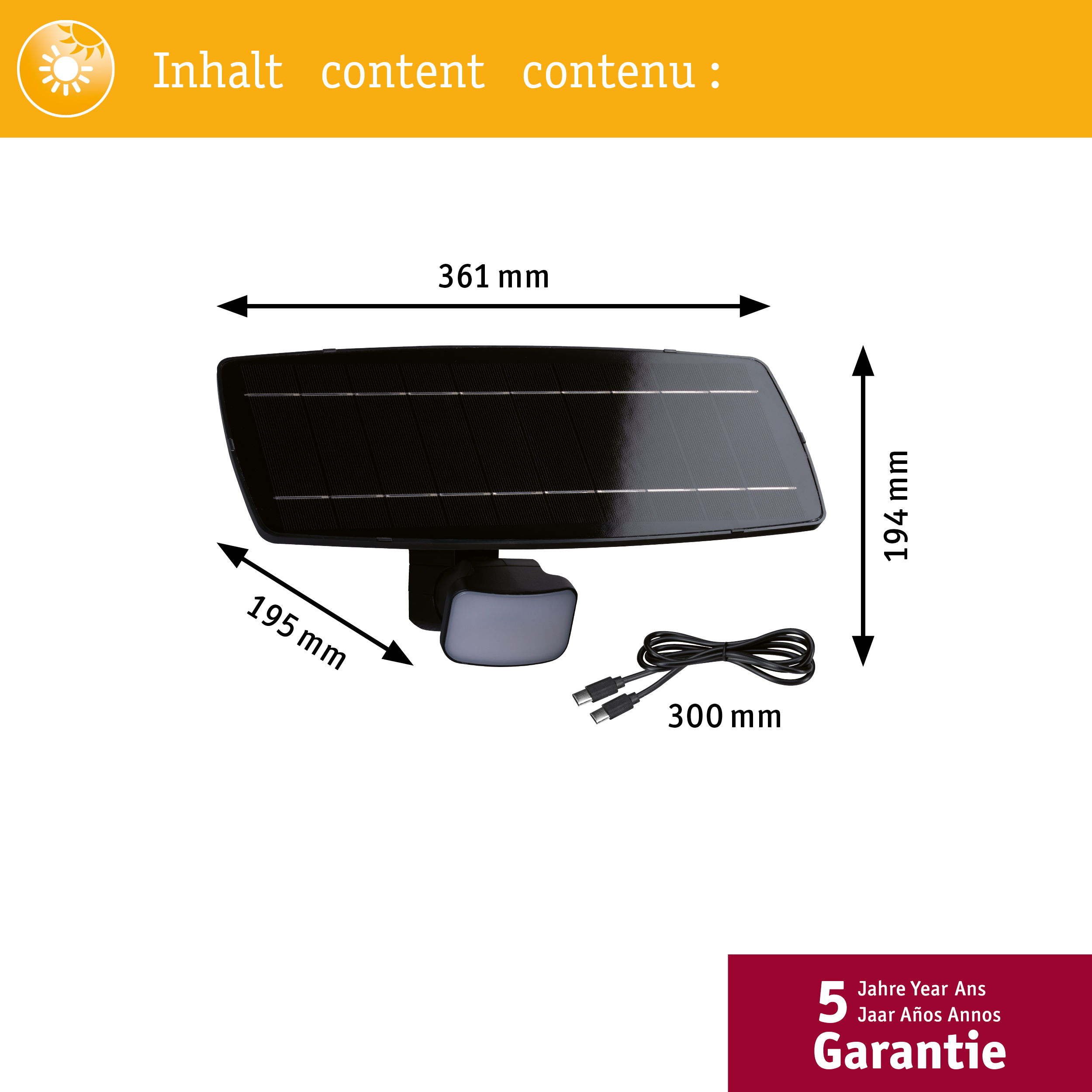 Lampa solarna z wymiarami. Zawiera kabel ładujący i 5-letnią gwarancję.