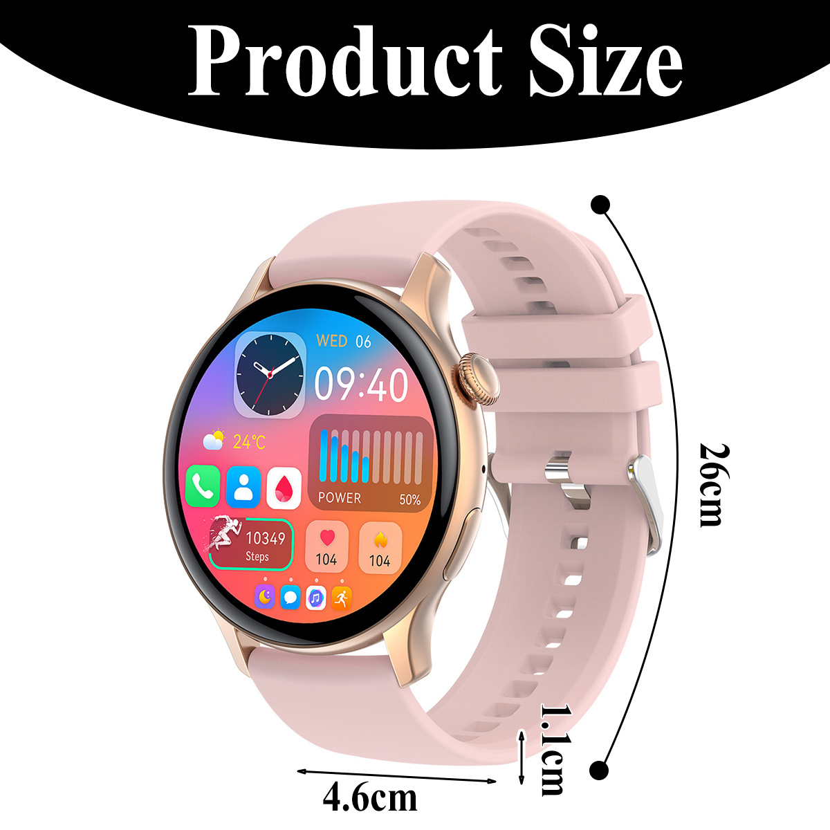 Eine rosa Smartwatch zeigt Zeit, Schritte und Leistung an. Abmessungen: 4,6 cm breit, 1,1 cm dick und 26 cm Gesamtlänge.