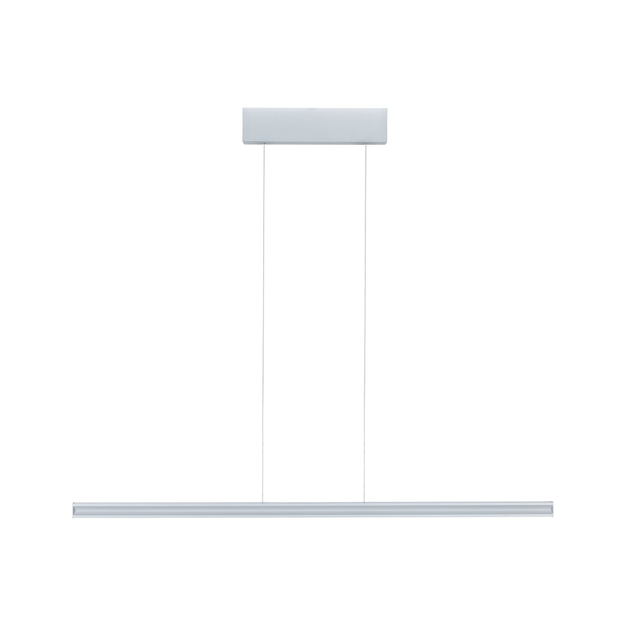 Eine moderne, lineare Leuchte hängt von der Decke. Sie hat einen rechteckigen Sockel und eine dünne, horizontale Lichtleiste.